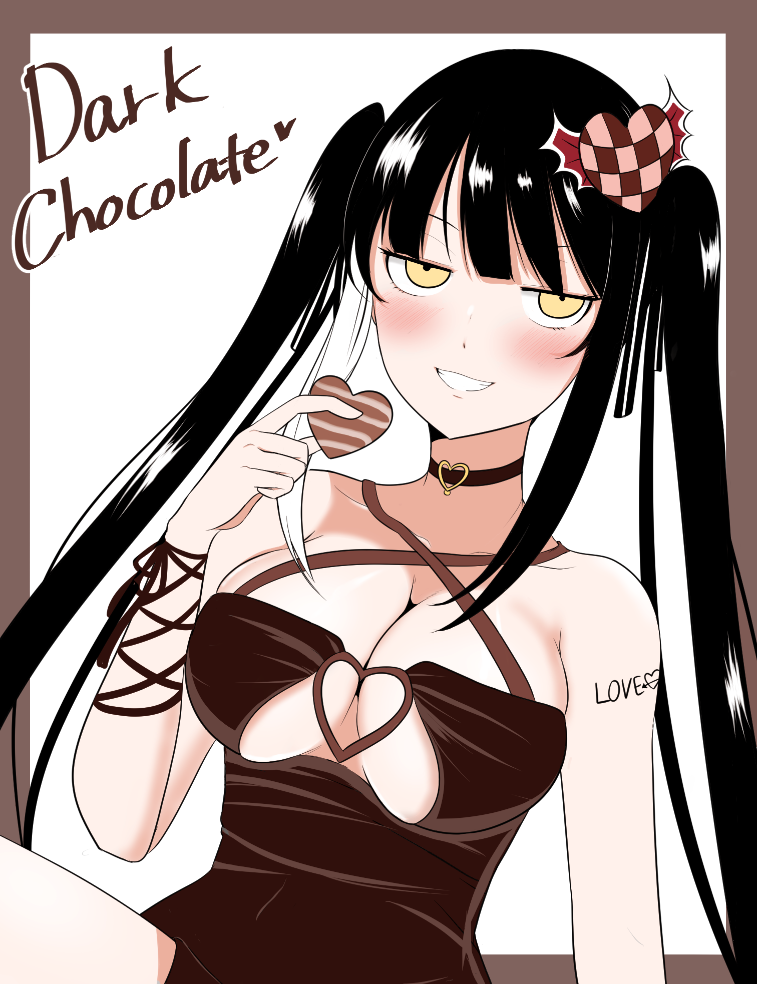 yuuki (yuuki81), dong baek (what happens inside the dungeon), what happens inside the dungeon, highres, black choker, black hair, blush, border, brown border, brown dress, chocolate, choker, dress, hair ornament, hand up, large penis, long hair, looking at viewer, open mouth, penis, sitting, smile, twintails, very long hair, white background, yellow eyes