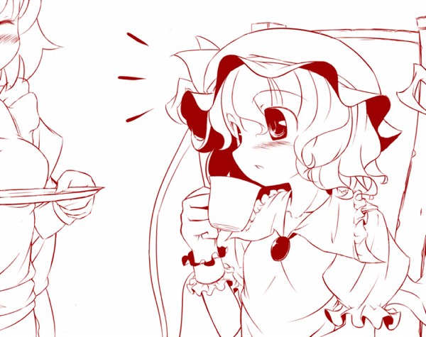 takahero, izayoi sakuya, remilia scarlet, touhou, 2girls, cup, female focus, monochrome, multiple girls, red theme, tea