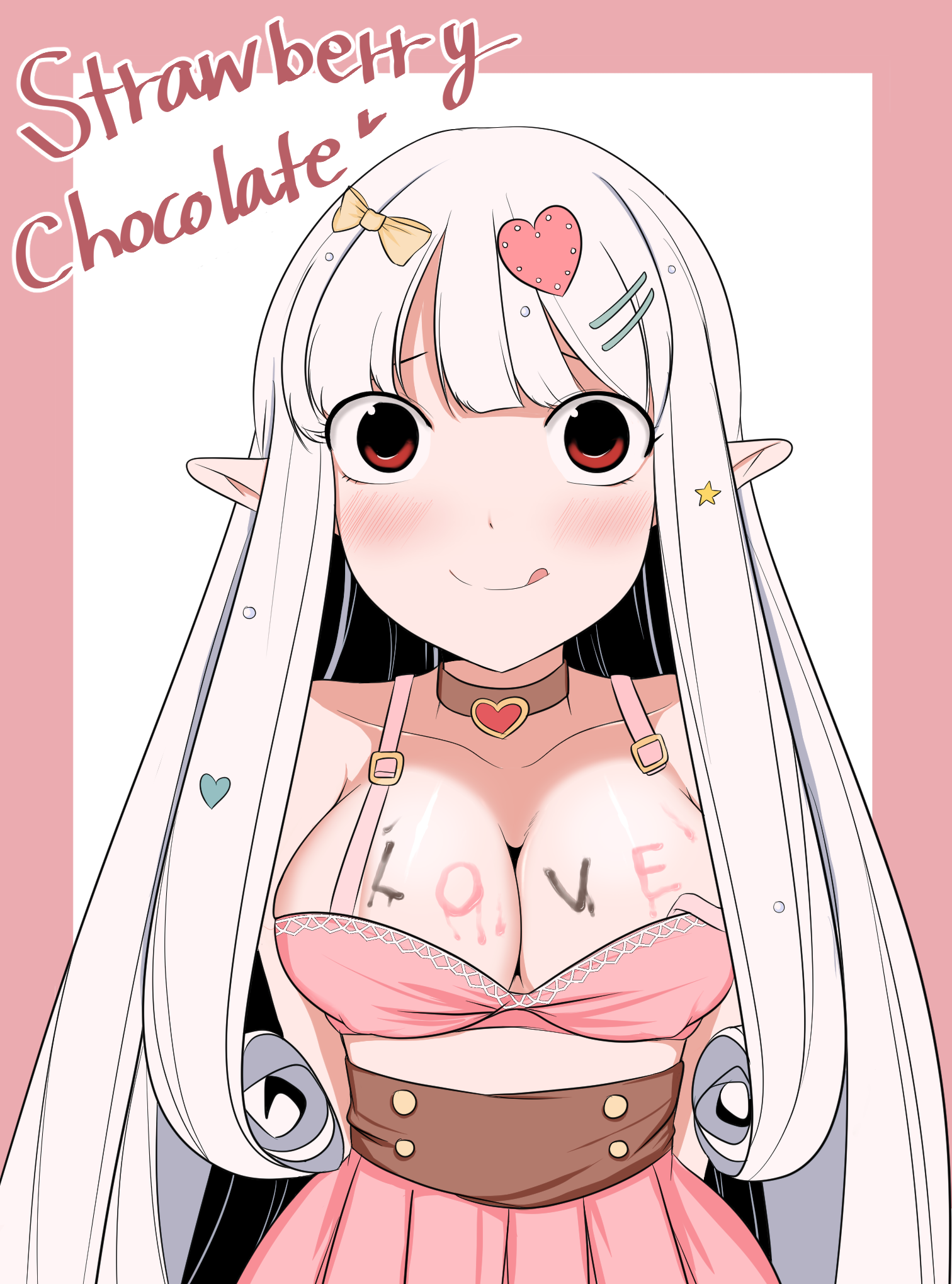 yuuki (yuuki81), cheong, what happens inside the dungeon, highres, blush, body writing, breasts, chocolate, closed mouth, dress, elf, hair ornament, large breasts, long hair, looking at viewer, pink background, pink dress, pointy ears, red eyes, simple background, smile, tongue, tongue out, very long hair, white background, white hair