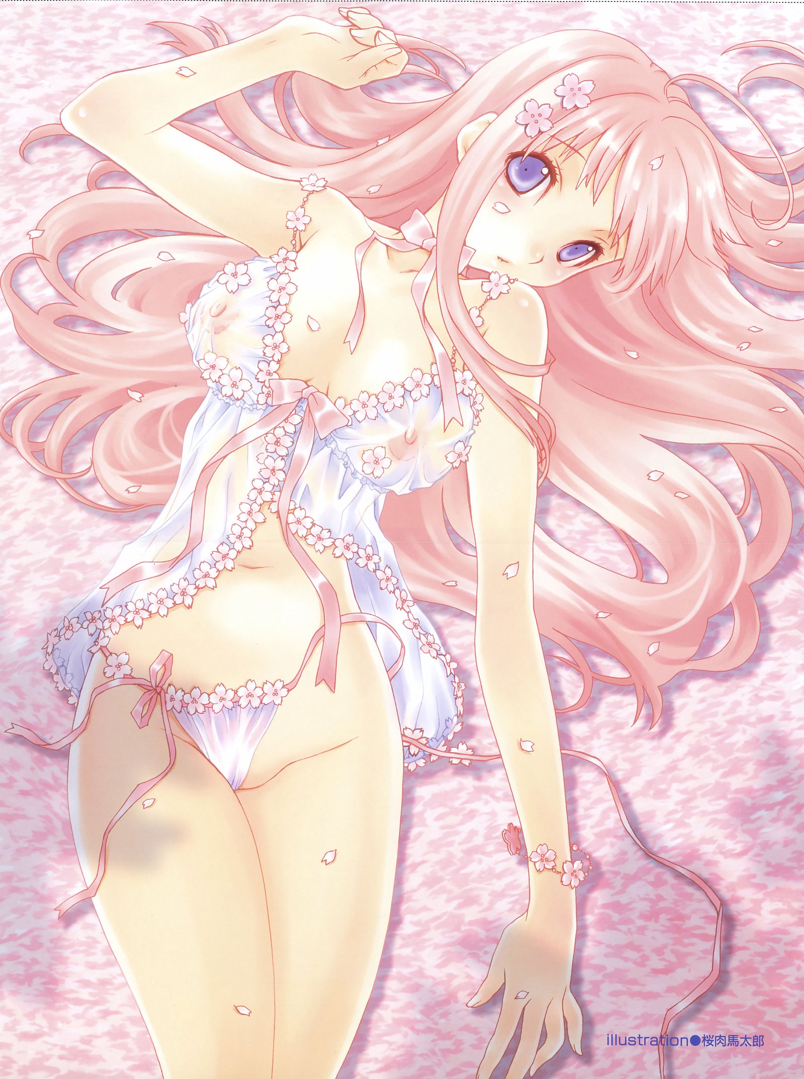 sakuraniku umatarou, highres, non-web source, 1girl, breasts, cherry blossoms, covered erect nipples, female focus, large breasts, lingerie, long hair, looking at viewer, lying, nipples, panties, petals, pink hair, purple eyes, see-through clothes, side-tie panties, solo, underwear