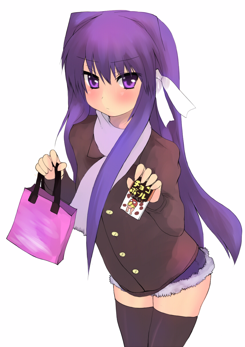 atahuta, fujibayashi kyou, clannad, highres, 00s, 1girl, black thighhighs, blush, female focus, gift, holding, holding gift, leaning forward, long hair, looking at viewer, purple eyes, purple hair, short shorts, shorts, simple background, solo, thighhighs, white background