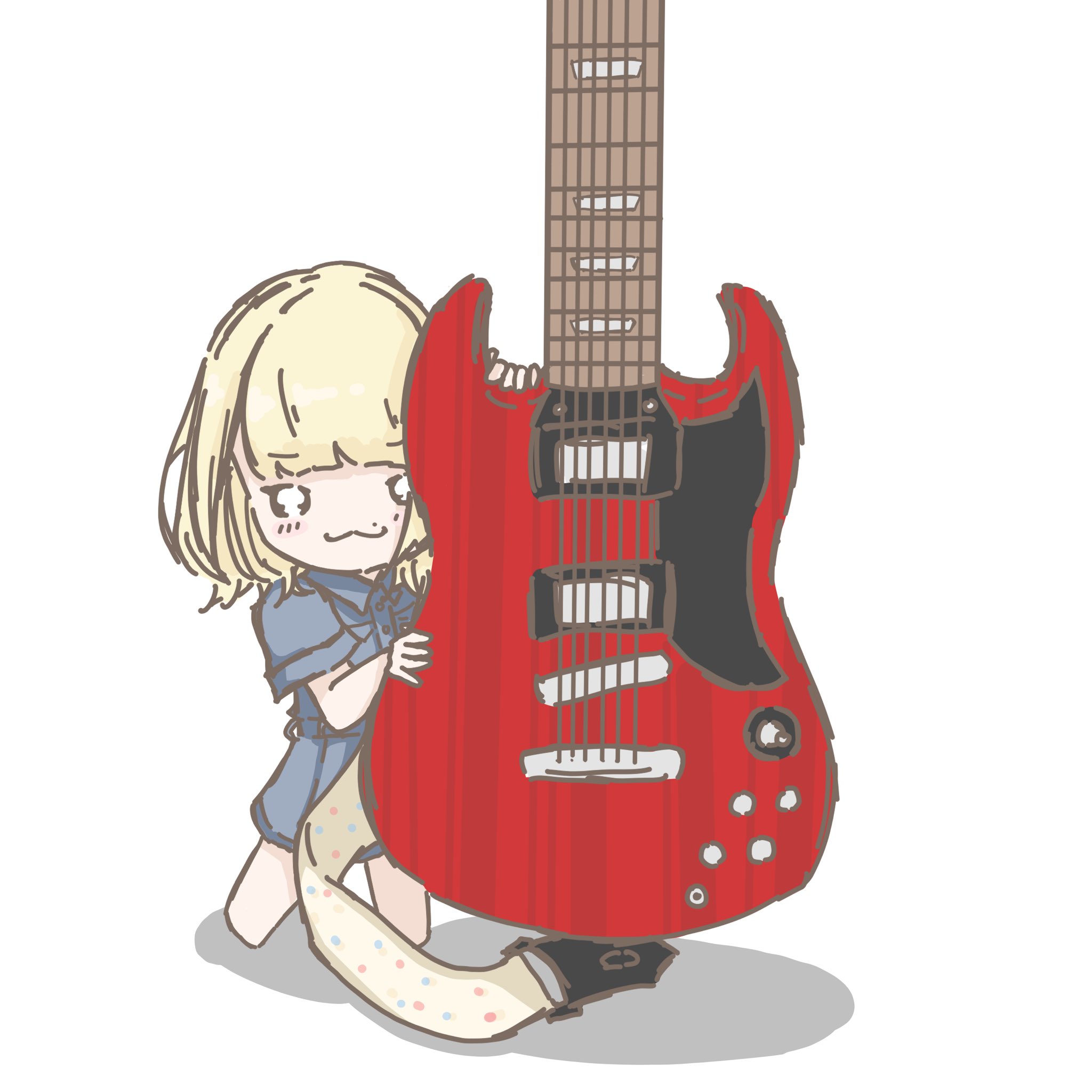 gibson sg, real life, commentary, highres, 1girl, :3, antares rui, blonde hair, blue dress, dress, electric guitar, guitar, instrument, looking at viewer, sasaki rico (voice actor), short hair, short sleeves, simple background, solo, white background