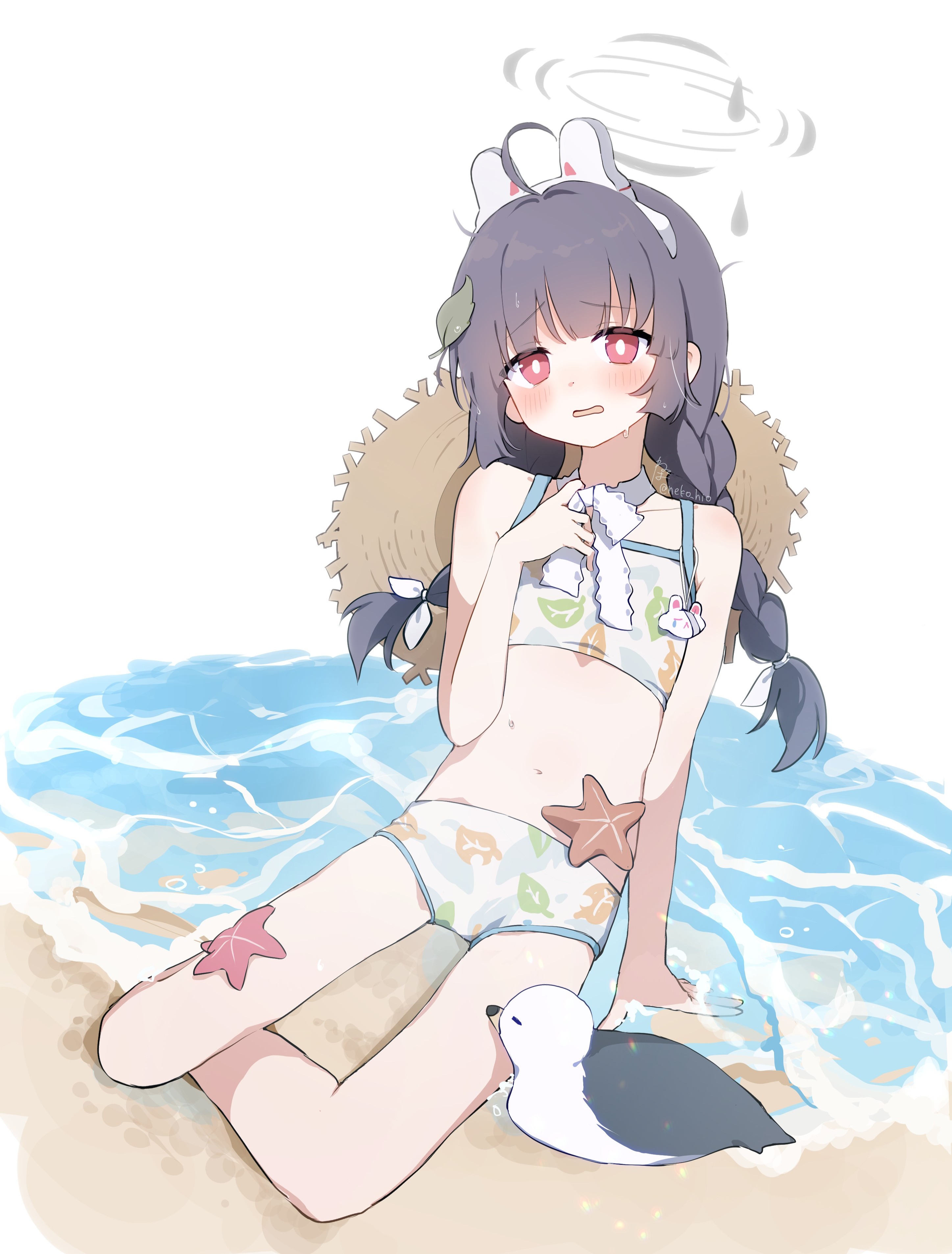 miyu (blue archive), miyu (swimsuit) (blue archive), blue archive, absurdres, highres, 1girl, ahoge, beach, bikini, bird, black hair, blush, braid, breasts, embarrassed, grey halo, halo, hat, leaf, leaf on head, leaf print, long hair, looking at viewer, namae kimaranai, navel, official alternate costume, open mouth, print bikini, red eyes, seagull, sitting, solo, starfish, straw hat, swimsuit, twin braids, white background, white bikini