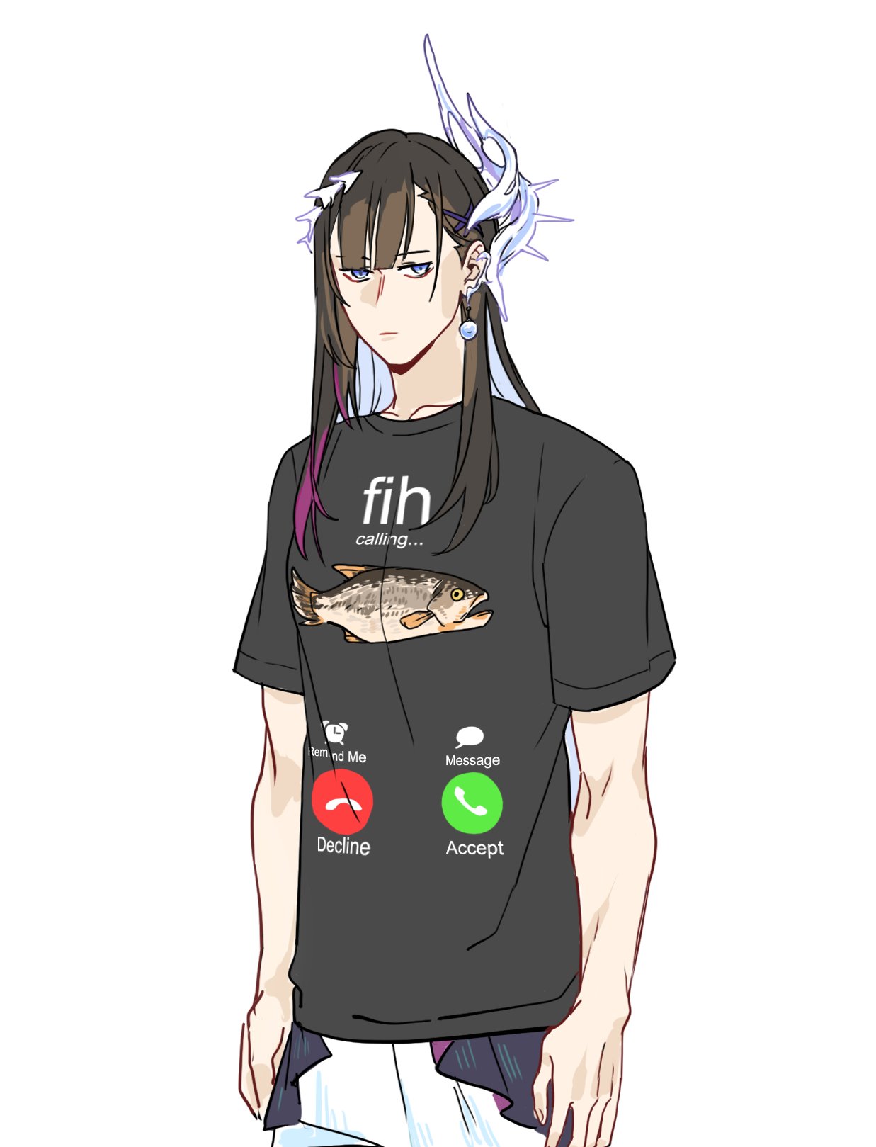 lycanheiress, hysilens (honkai: star rail), honkai: star rail, honkai (series), commentary, commission, english commentary, highres, ko-fi commission, 1girl, alternate costume, arms at sides, black hair, black shirt, clothes writing, cowboy shot, english text, expressionless, fih (meme), fish, flat chest, hair ornament, long hair, looking at viewer, meme, print shirt, shirt, short sleeves, simple background, solo, standing, t-shirt, white background