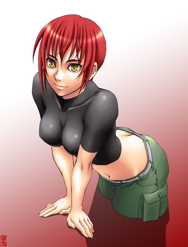shiraki (artist), riza wildman, kaibutsu oujo, 00s, 1girl, babydoll t-shirt, breasts, butt crack, cargo pants, crop top, female focus, large breasts, midriff, orange eyes, pants, red hair, solo, yellow eyes