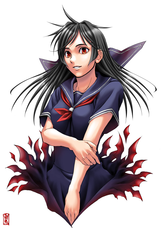 shiraki (artist), kamura reiri, kaibutsu oujo, 00s, 1girl, black dress, black hair, dress, female focus, long hair, looking at viewer, red eyes, sailor collar, sailor dress, short sleeves, simple background, solo, vampire, white background