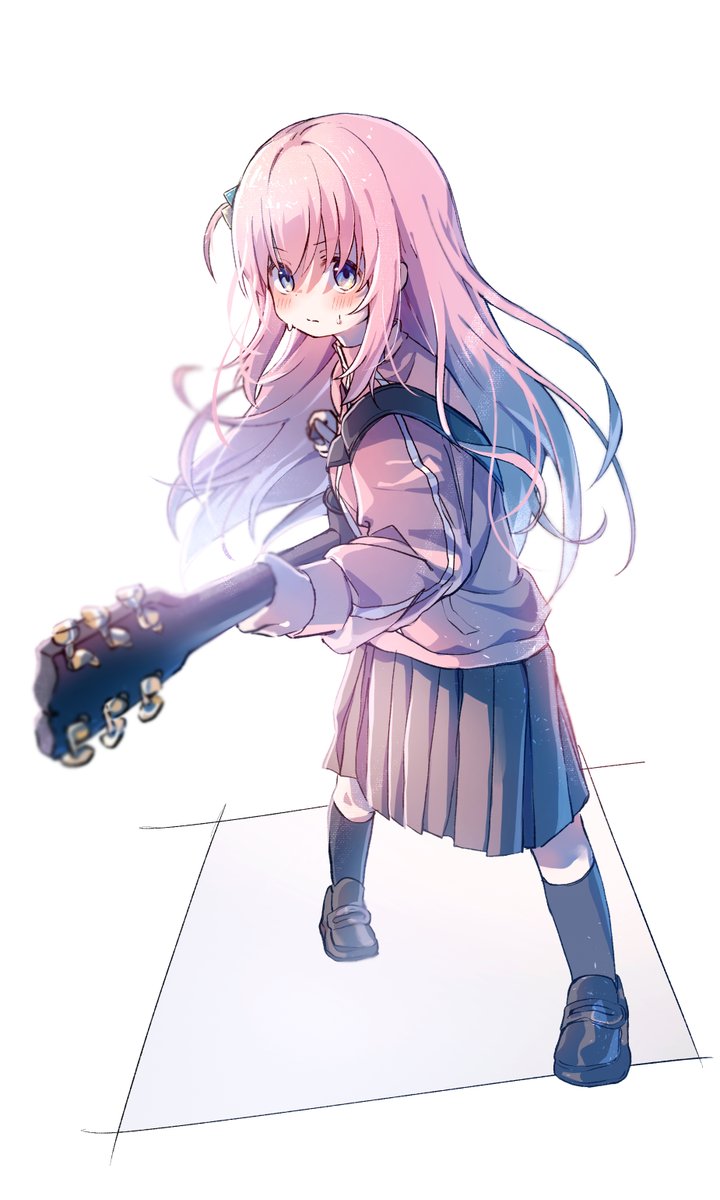 gotoh hitori, bocchi the rock!, highres, 1girl, black socks, blue eyes, blush, breasts, cube hair ornament, full body, gun, hair ornament, holding, holding gun, holding weapon, jacket, kneehighs, loafers, long hair, long sleeves, looking at viewer, namae kimaranai, one side up, open mouth, pink hair, shoes, simple background, skirt, socks, solo, sweatdrop, track jacket, weapon, white background