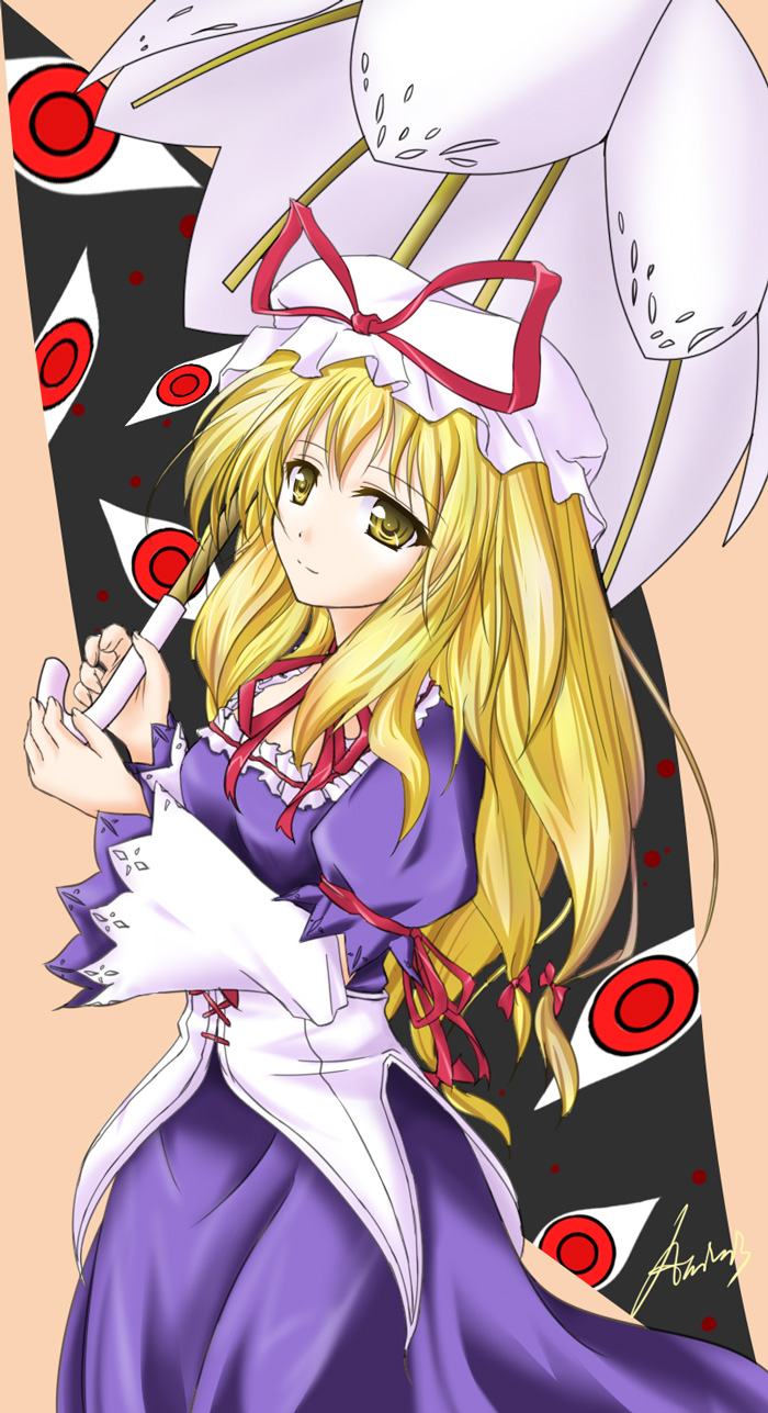 amicis, yakumo yukari, touhou, highres, 1girl, blonde hair, bow, dress, female focus, gap (touhou), hair bow, hat, long hair, ribbon, solo, umbrella, yellow eyes