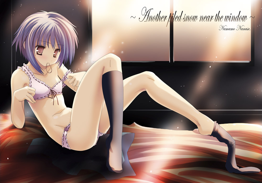 namamo nanase, nagato yuki, suzumiya haruhi no yuuutsu, 00s, 1girl, barefoot, bra, feet, female focus, kneehighs, lingerie, panties, socks, solo, underwear, underwear only
