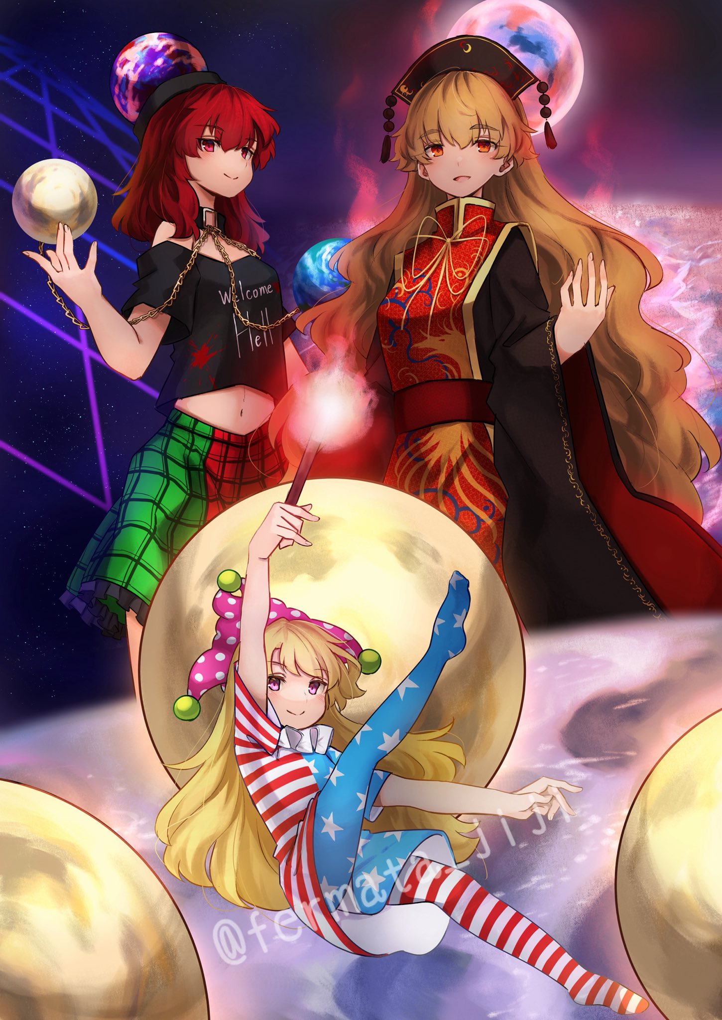 neold, clownpiece, hecatia lapislazuli, junko (touhou), legacy of lunatic kingdom, touhou, commentary request, highres, 3girls, american flag dress, american flag legwear, arm up, artist name, bare shoulders, beads, belt, black choker, black dress, black hat, black shirt, blonde hair, blue sky, chain, chinese clothes, choker, closed mouth, clothes writing, cowboy shot, crescent, crescent print, dalachi (headdress), dress, earth (ornament), energy, fire, flying, full body, full moon, gold chain, green skirt, hair between eyes, hand up, hat, heart, heart print, holding, holding torch, jester cap, leg up, long hair, long sleeves, looking at viewer, looking up, mandarin collar, medium hair, midriff, moon, moon (ornament), multicolored skirt, multiple girls, navel, neck ribbon, neck ruff, no shoes, no wings, ocean, off-shoulder shirt, off shoulder, open mouth, orange hair, pantyhose, phoenix print, pink eyes, pink hat, plaid clothes, plaid skirt, polka dot headwear, pom pom (clothes), red belt, red eyes, red hair, red skirt, red tabard, ribbon, shirt, short sleeves, skirt, sky, smile, space, standing, star (sky), star (symbol), star print, starry sky, striped clothes, striped dress, striped pantyhose, t-shirt, tabard, tassel, torch, underworld (ornament), watermark, wavy hair, wide sleeves, yellow ribbon