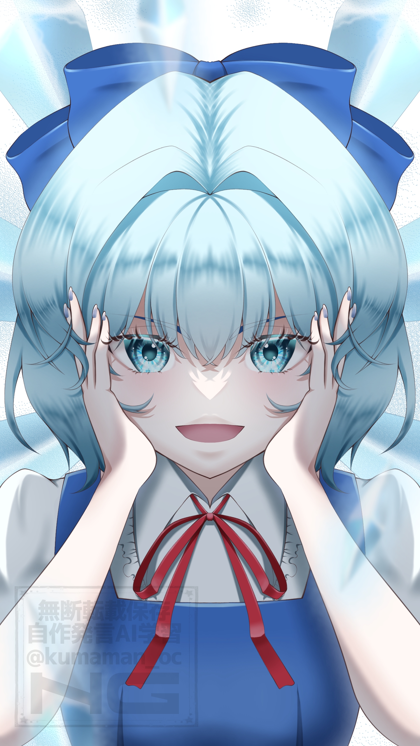 cirno, touhou, absurdres, highres, 1girl, blue hair, blue nails, blue ribbon, looking at viewer, nail polish, open mouth, ribbon, short hair, simple background, smile, solo, sparkling eyes, user mxyd8833