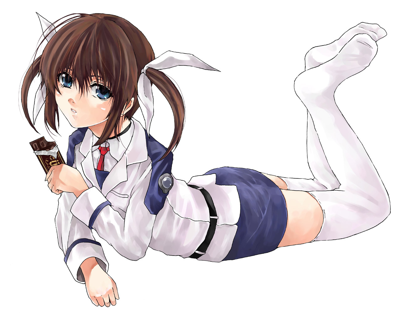 raid slash, takamachi nanoha, lyrical nanoha, mahou shoujo lyrical nanoha, mahou shoujo lyrical nanoha strikers, meiji (brand), 00s, 1girl, blue eyes, brown hair, candy, chocolate, chocolate bar, female focus, food, lying, military, military uniform, no shoes, purple eyes, red hair, solo, thighhighs, twintails, zettai ryouiki