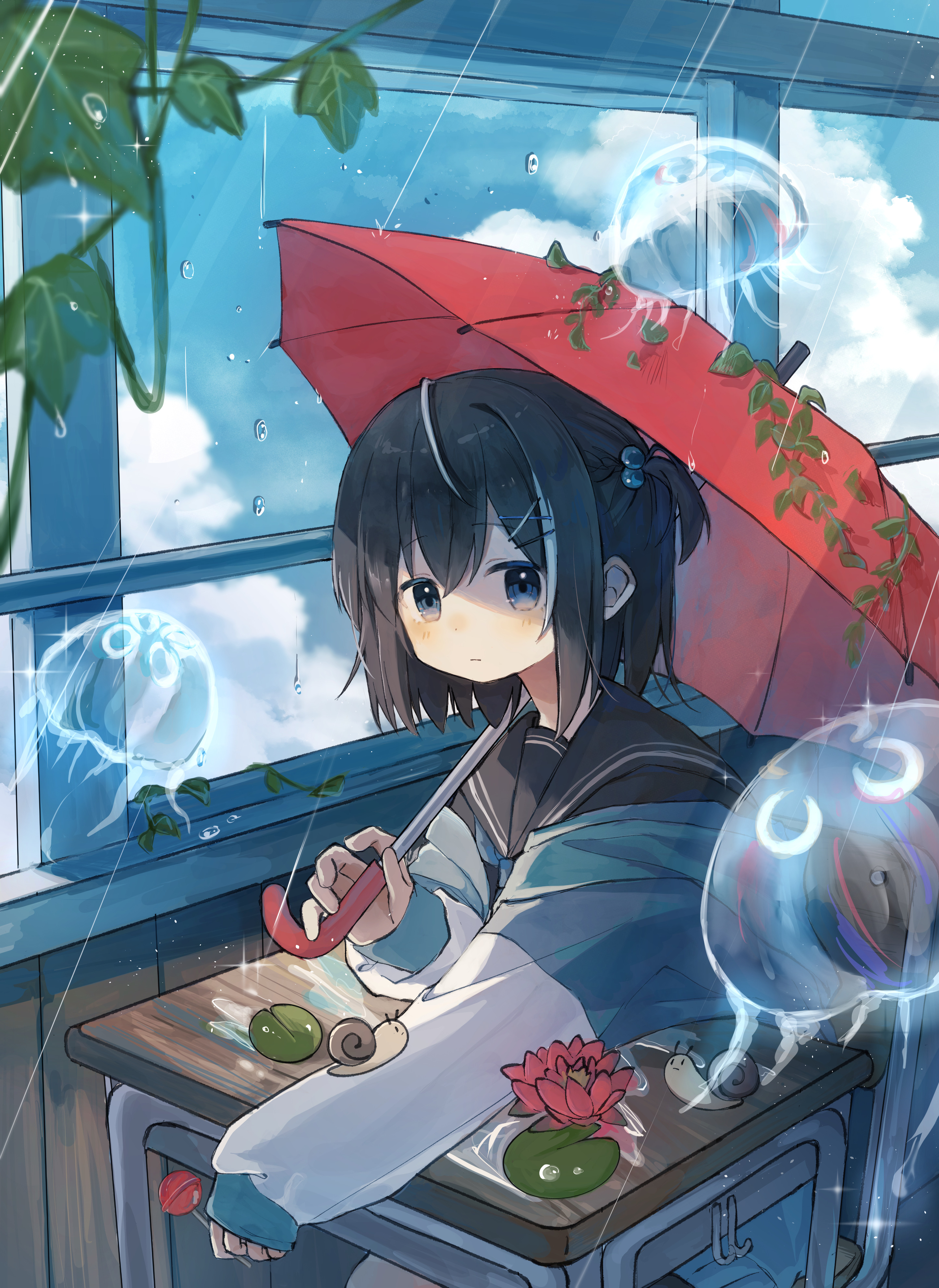 original, absurdres, highres, 1girl, black hair, classroom, cloud, desk, hair bobbles, hair ornament, holding, holding umbrella, indoors, jacket, jellyfish, long sleeves, multicolored hair, namae kimaranai, one side up, plant, rain, red umbrella, sailor collar, school uniform, sky, snail, solo, streaked hair, umbrella, white streaks, window
