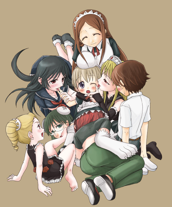 flandre (kaibutsu oujo), francisca (kaibutsu oujo), hime (kaibutsu oujo), hiyorimi hiro, hiyorimi sawawa, kamura reiri, riza wildman, sherwood, kaibutsu oujo, source request, 00s, 1boy, 6+girls, ass, black hair, blonde hair, breasts, brown hair, dress, green hair, kneeling, lying, maid, multiple girls, red hair, school uniform, shoes, simple background, sitting, socks