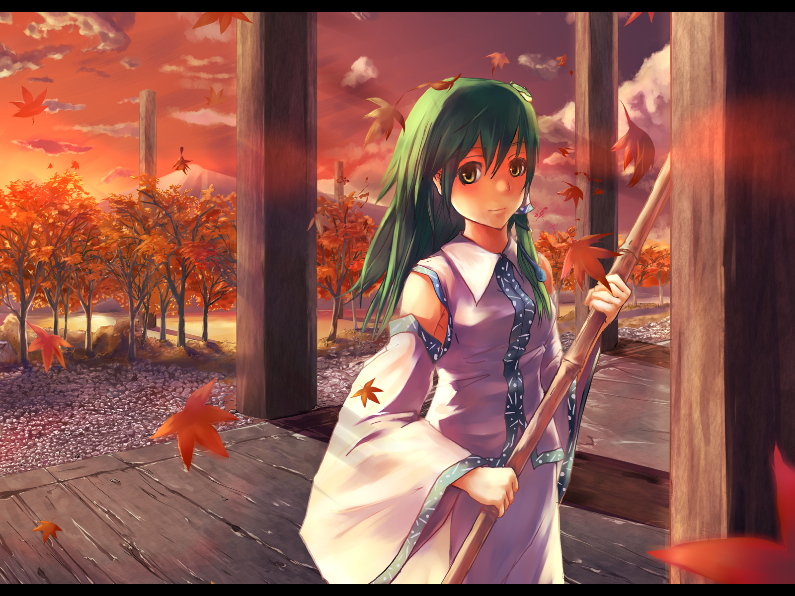 akino komichi, kochiya sanae, touhou, highres, 1girl, autumn, autumn leaves, broom, building, detached sleeves, female focus, forest, green eyes, green hair, holding, leaf, letterboxed, long hair, long sleeves, looking at viewer, matching hair/eyes, nature, outdoors, pillar, plant, shrine, solo, sunlight, sunset, tree
