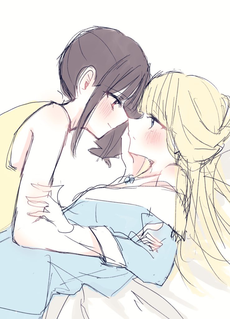 rita (myyk rrnyam), nekoyashiki mayu, nekoyashiki yuki, precure, wonderful precure!, commentary request, 2girls, bare arms, blonde hair, blue dress, blue eyes, blush, brown hair, dress, eye contact, long hair, looking at another, multiple girls, noses touching, off shoulder, pink eyes, shirt, side ponytail, simple background, sleeveless, sleeveless shirt, white background, yellow shirt, yuri