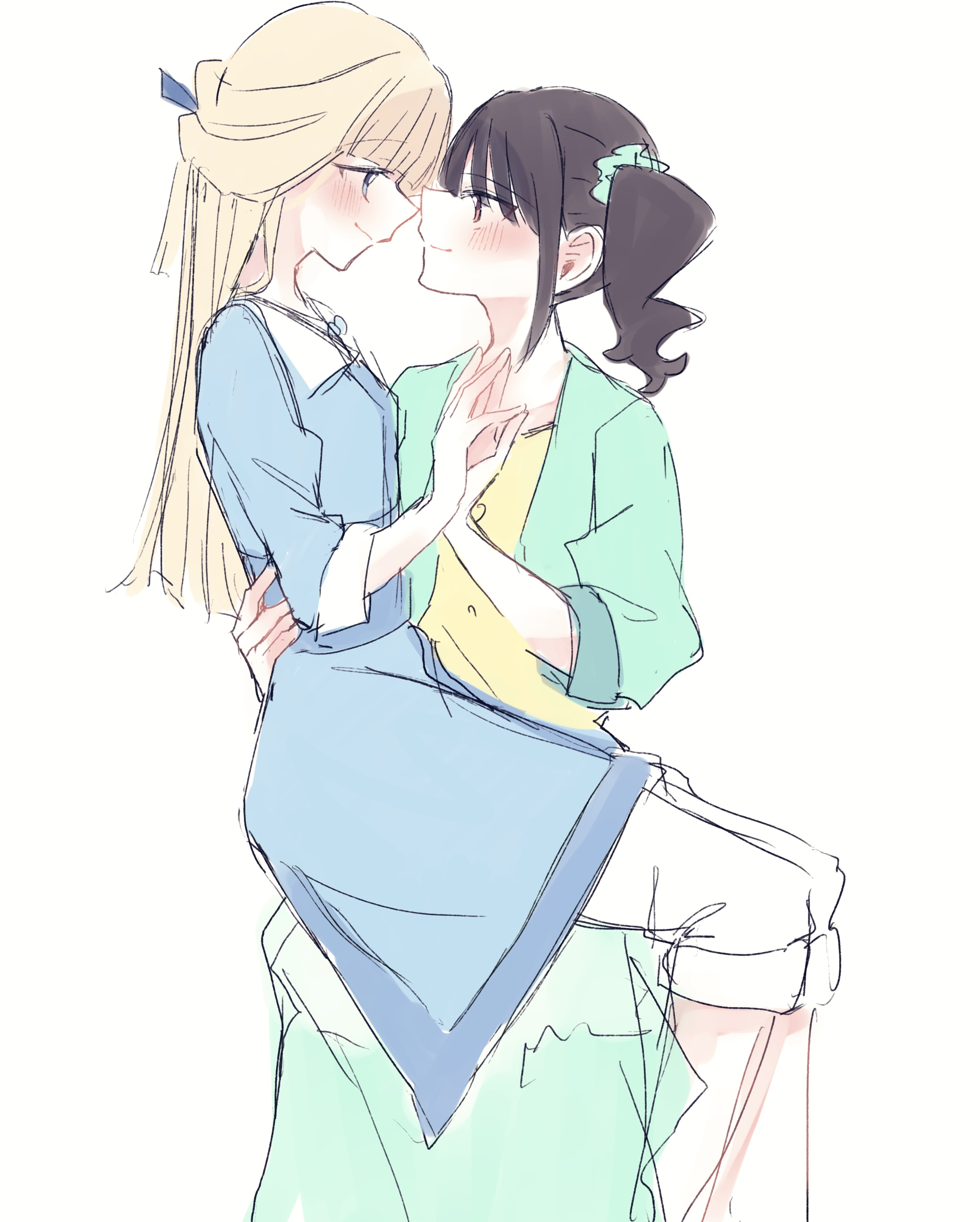 rita (myyk rrnyam), nekoyashiki mayu, nekoyashiki yuki, precure, wonderful precure!, absurdres, commentary request, highres, 2girls, blonde hair, blue dress, blue eyes, blue jacket, blue skirt, blush, brown hair, closed mouth, dress, eye contact, hair ornament, hair scrunchie, half updo, hand on another's waist, holding hands, jacket, long hair, looking at another, multiple girls, profile, scrunchie, shirt, side ponytail, simple background, sitting, sitting on lap, sitting on person, skirt, smile, white background, yellow shirt, yuri