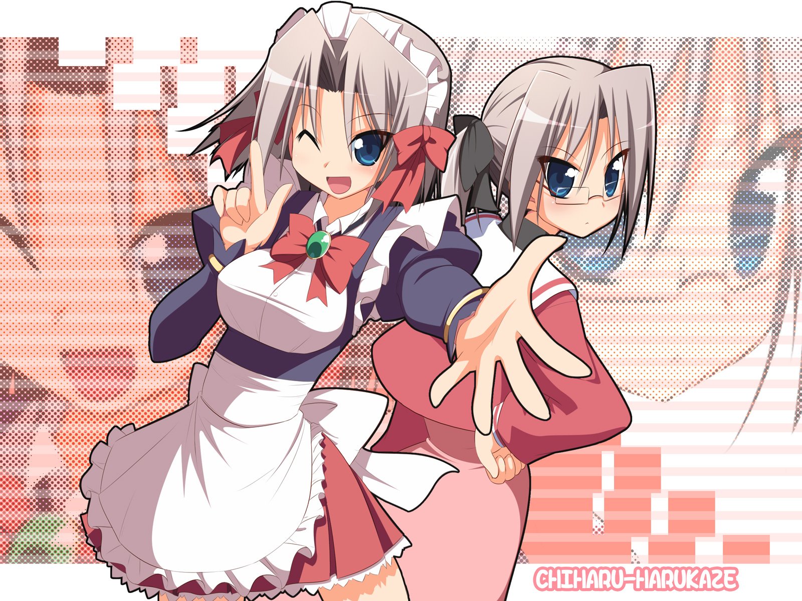 hoppege, harukaze chiharu, hayate no gotoku!, bad id, bad pixiv id, highres, 00s, 1girl, breasts, cowboy shot, dual persona, female focus, glasses, multiple views, school uniform, serafuku, standing, waitress, wink