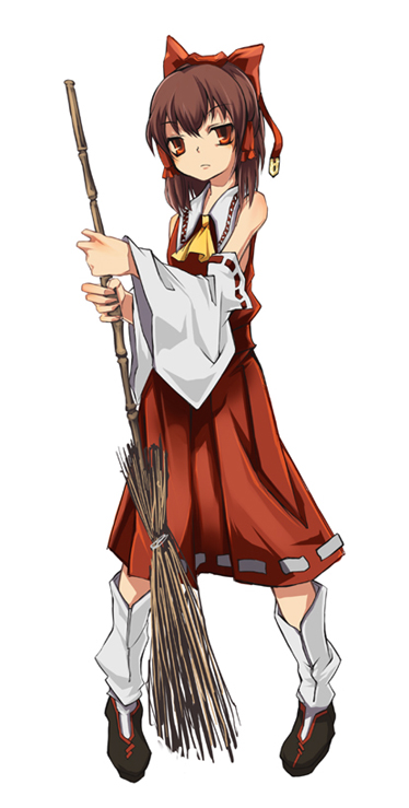 shimadoriru, hakurei reimu, touhou, 1girl, bow, broom, brown hair, detached sleeves, dress, female focus, hair bow, hair tubes, red dress, red eyes, shoes, short hair, skirt, socks, solo