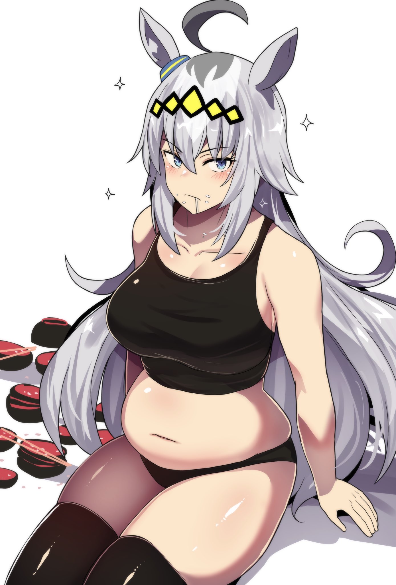 hinghoi, oguri cap (umamusume), umamusume, highres, 1girl, after meal, ahoge, animal ears, belly, black buruma, black tank top, blue eyes, bowl, buruma, chopsticks, food, food on face, grey hair, hair between eyes, hair ornament, hairband, horse ears, horse girl, long hair, midriff, navel, saliva, simple background, solo, tank top, thighhighs, white background