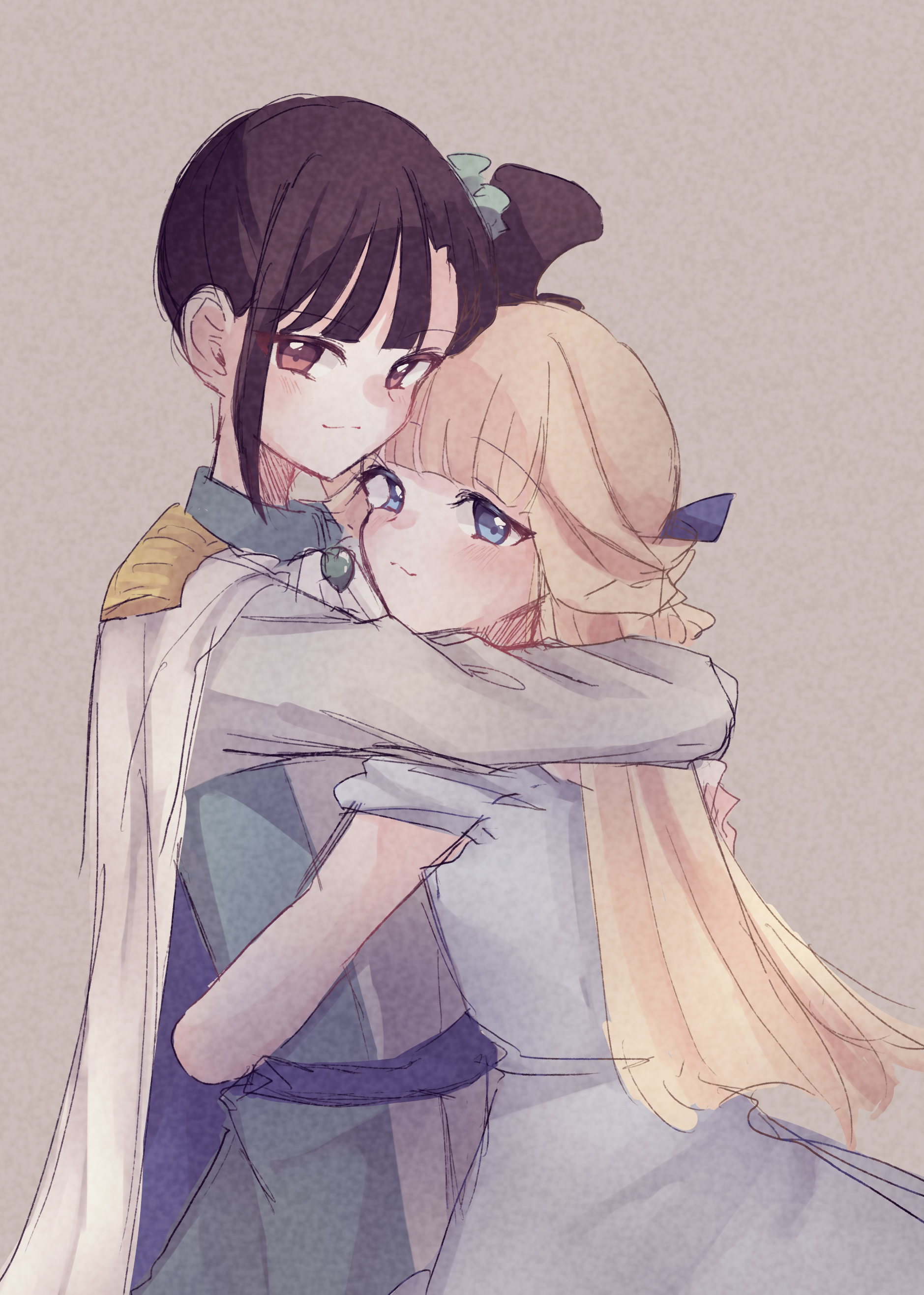 rita (myyk rrnyam), nekoyashiki mayu, nekoyashiki yuki, precure, wonderful precure!, absurdres, commentary request, highres, 2girls, arms around neck, blonde hair, blue dress, blue eyes, brown background, brown hair, capelet, closed mouth, dress, epaulettes, hug, long hair, multiple girls, pink eyes, side ponytail, smile, white capelet, yuri