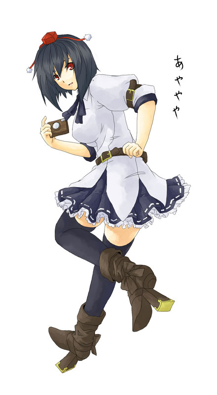 kinsenka, shameimaru aya, touhou, 1girl, aprilrain, black hair, boots, camera, female focus, geta, hat, looking at viewer, red eyes, solo, tengu-geta, thighhighs, zettai ryouiki