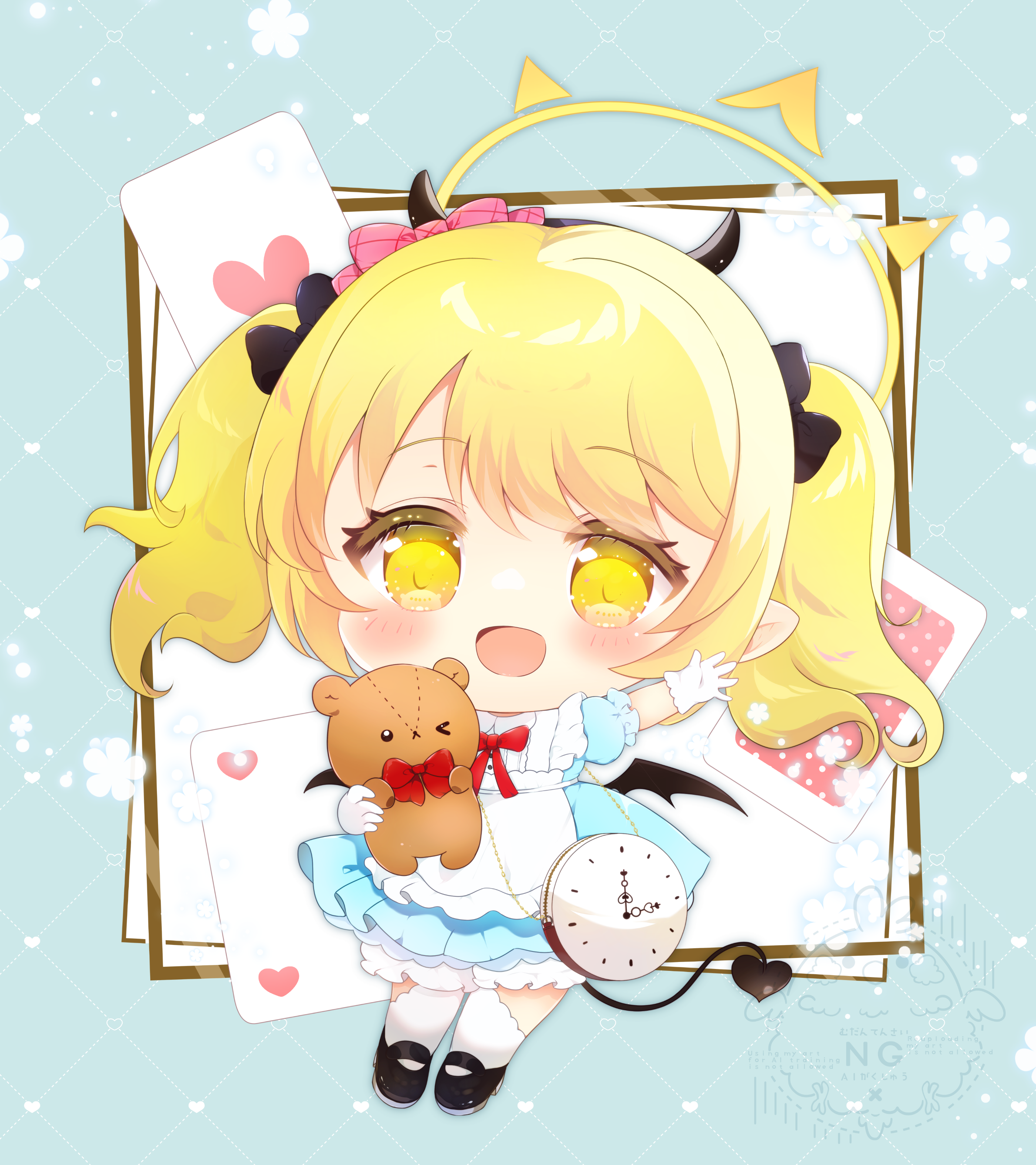 kamekko, ibuki (blue archive), blue archive, absurdres, commentary request, highres, 1girl, apron, black horns, black tail, black wings, blonde hair, bloomers, blue dress, bow, demon horns, demon tail, demon wings, dress, gloves, halo, horns, open mouth, pointy ears, shoes, short sleeves, smile, solo, stuffed animal, stuffed toy, tail, underwear, white apron, white bloomers, white gloves, wings, yellow eyes, yellow halo