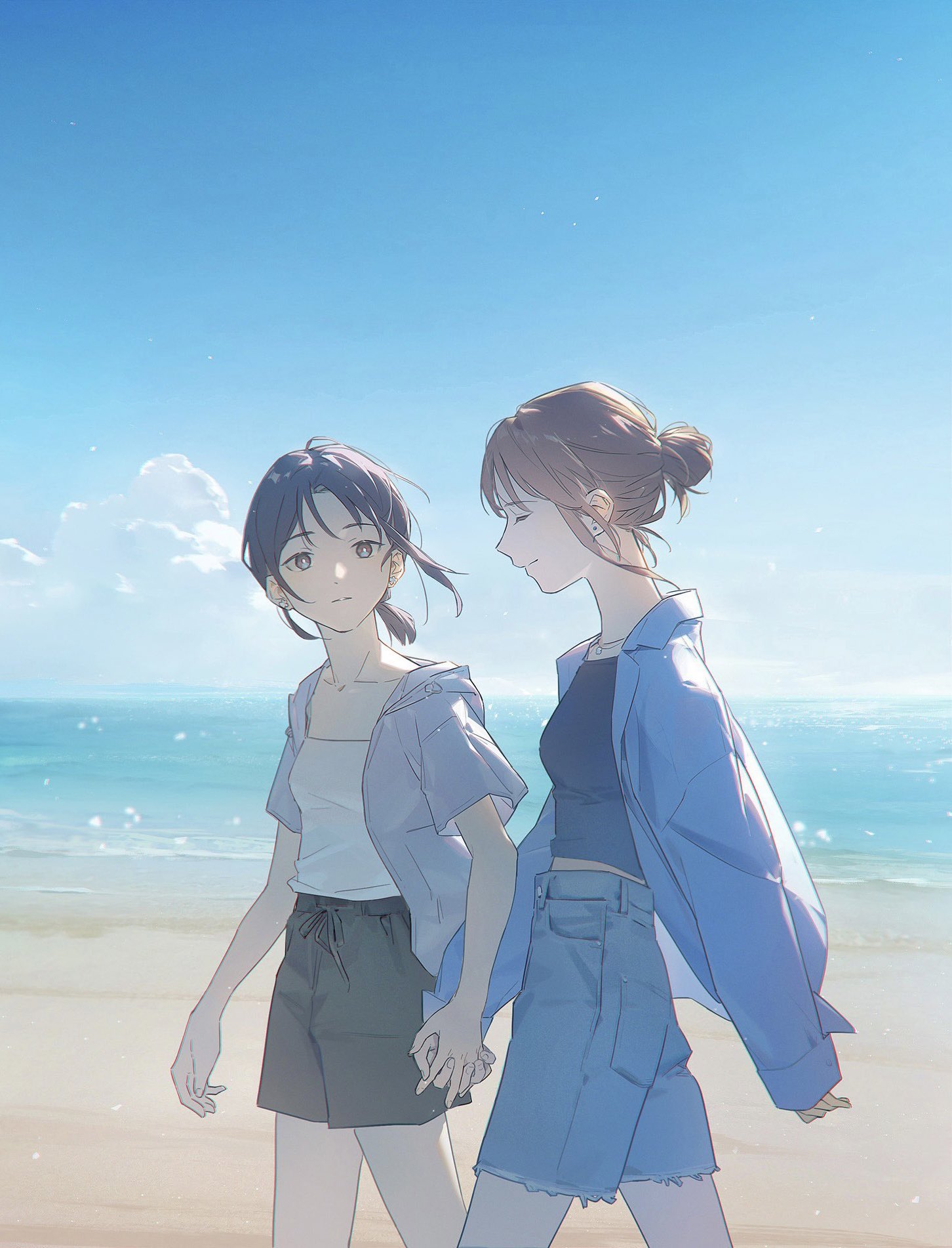 komerice lo, miyagi shiori, sendai hazuki, shuuniichido classmate wo kau hanashi, commentary request, highres, 2girls, beach, blue jacket, blue shirt, blue shorts, breasts, brown eyes, brown hair, camisole, closed eyes, earrings, grey jacket, grey shorts, holding hands, hood, hood down, hooded jacket, jacket, jewelry, long sleeves, medium breasts, midriff peek, multiple girls, ocean, open clothes, open jacket, outdoors, parted lips, shirt, short hair, short sleeves, shorts, small breasts, stud earrings, white camisole, yuri