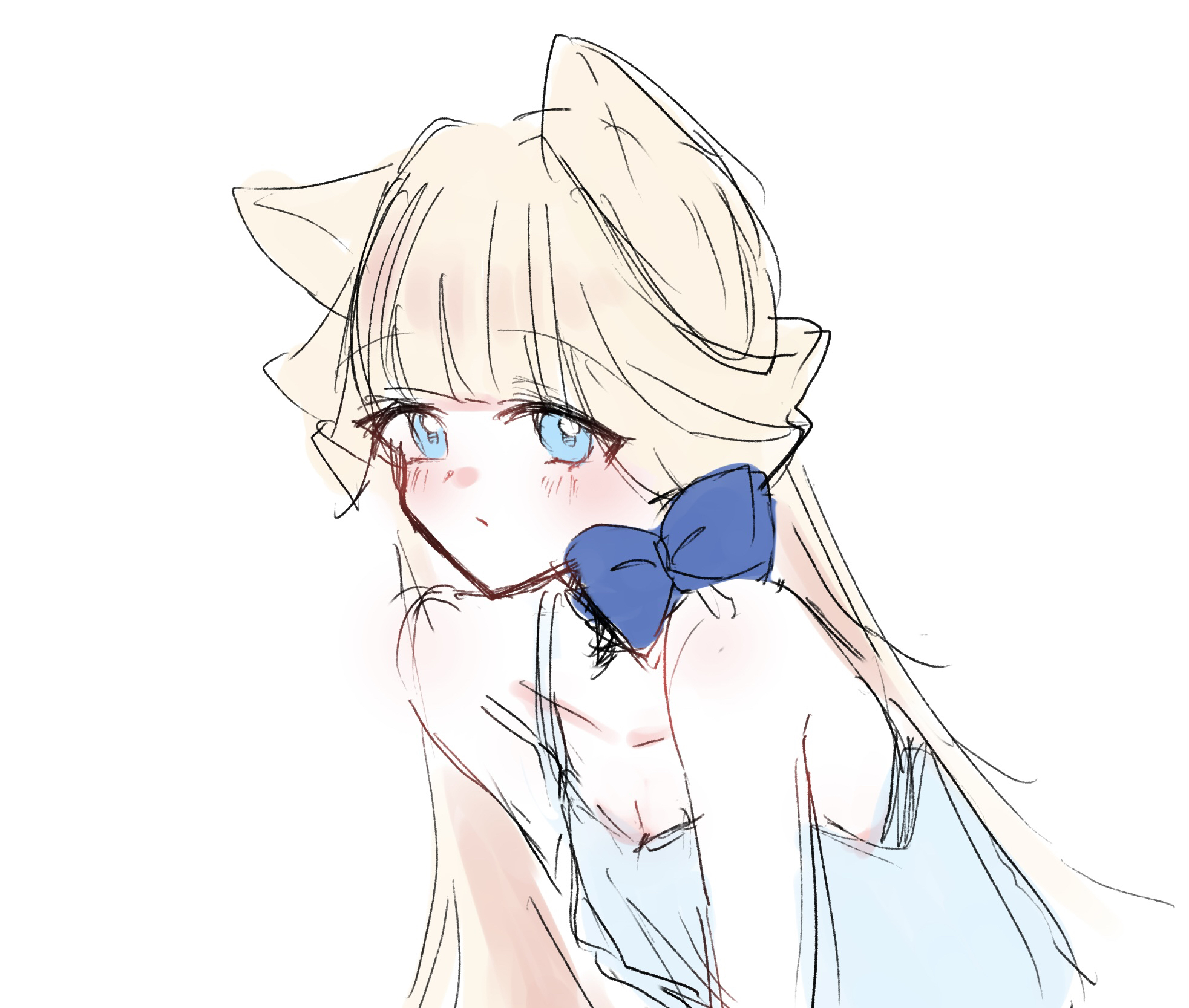 rita (myyk rrnyam), nekoyashiki mayu, precure, wonderful precure!, highres, 1girl, animal ears, bare arms, blonde hair, blue bow, blue dress, blue eyes, bow, cat ears, closed mouth, dress, long hair, simple background, sleeveless, sleeveless dress, solo, white background