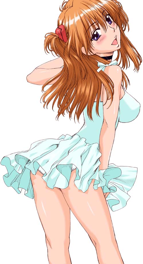 hanzaki jirou, souryuu asuka langley, neon genesis evangelion, 1girl, blush, choker, dress, female focus, frills, leaning forward, long hair, looking back, orange hair, panties, pantyshot, purple eyes, solo, twintails, two side up, underwear, white dress, white panties
