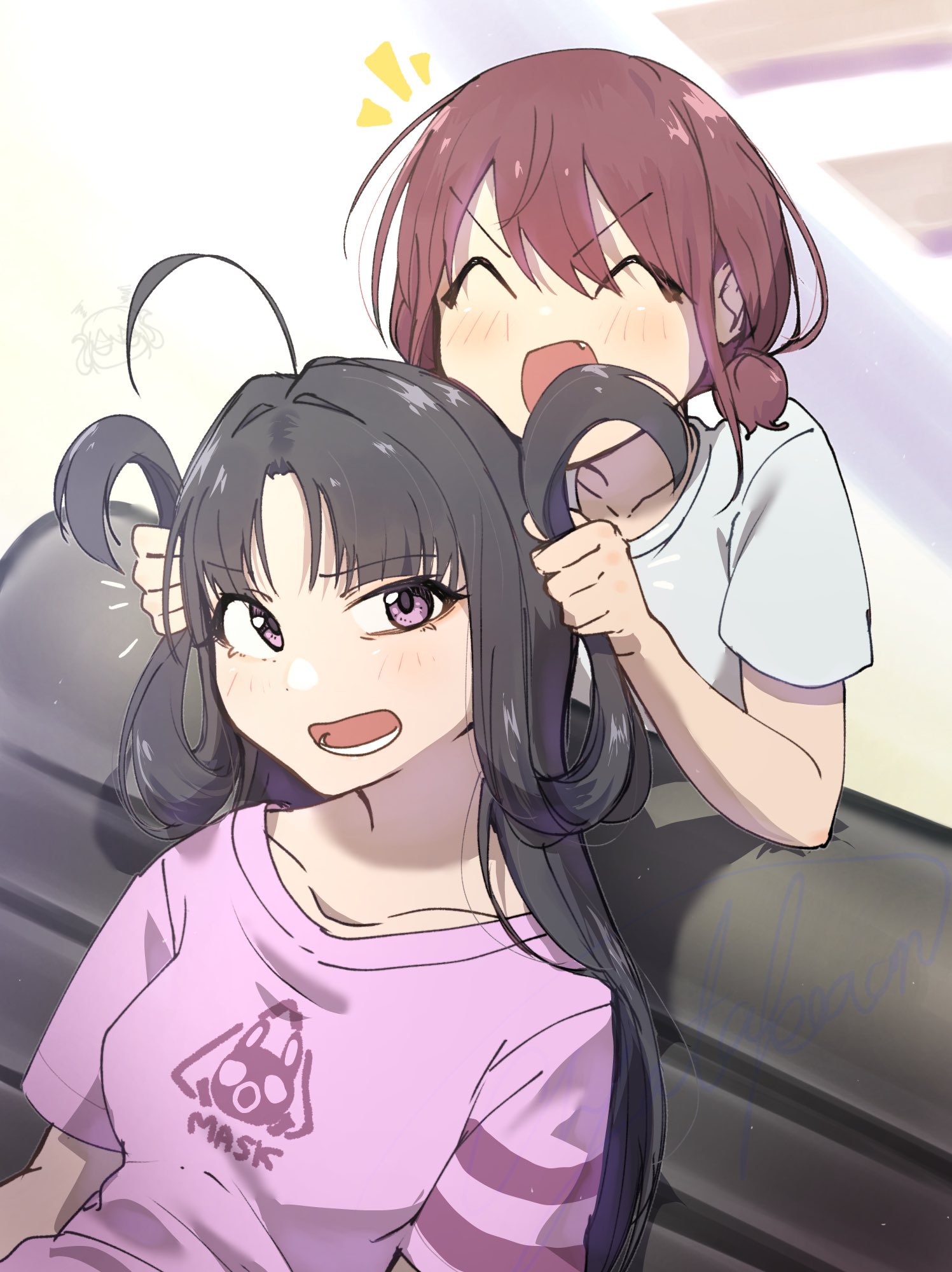 ayataka syumimi, awa subaru, iseri nina, girls band cry, commentary request, highres, textless version, 2girls, ^ ^, ahoge, black hair, blue shirt, blush, brown hair, closed eyes, fang, long hair, low twintails, lower teeth only, multiple girls, open mouth, parted bangs, playing with another's hair, purple eyes, purple shirt, shirt, short hair, short sleeves, short twintails, sidelocks, teeth, twintails
