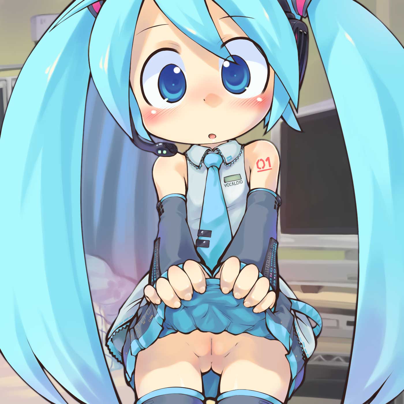 sakurabe notos, hatsune miku, vocaloid, highres, source request, 1girl, :o, aqua hair, blue eyes, blue hair, blue necktie, blue skirt, blue thighhighs, blush, body writing, chibi, cleft of venus, clothes lift, clothes writing, copyright name, cowboy shot, detached sleeves, eyes visible through hair, female focus, grey shirt, hair between eyes, headphones, indoors, lifting own clothes, loli, long hair, looking at viewer, microphone, monitor, necktie, no panties, open mouth, pussy, shirt, shirt writing, skirt, skirt lift, sleeveless, solo, standing, thigh gap, thighhighs, twintails, very long hair