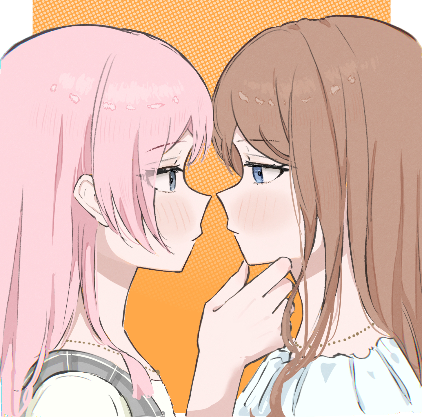 opuricheri, chihaya anon, nagasaki soyo, bang dream!, bang dream! it's mygo!!!!!, commentary, highres, 2girls, blue eyes, blush, brown hair, eye contact, grey eyes, hand on another's chin, jewelry, long hair, looking at another, multiple girls, necklace, pink hair, profile, yuri