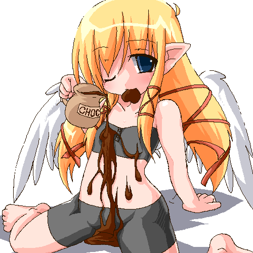 kanidiru, kanijiru, original, lowres, 1girl, barefoot, bike shorts, blonde hair, blue eyes, chocolate, elf, female focus, long hair, mouth hold, oekaki, one eye closed, pointy ears, sitting, solo, strapless, tube top, wariza, wings
