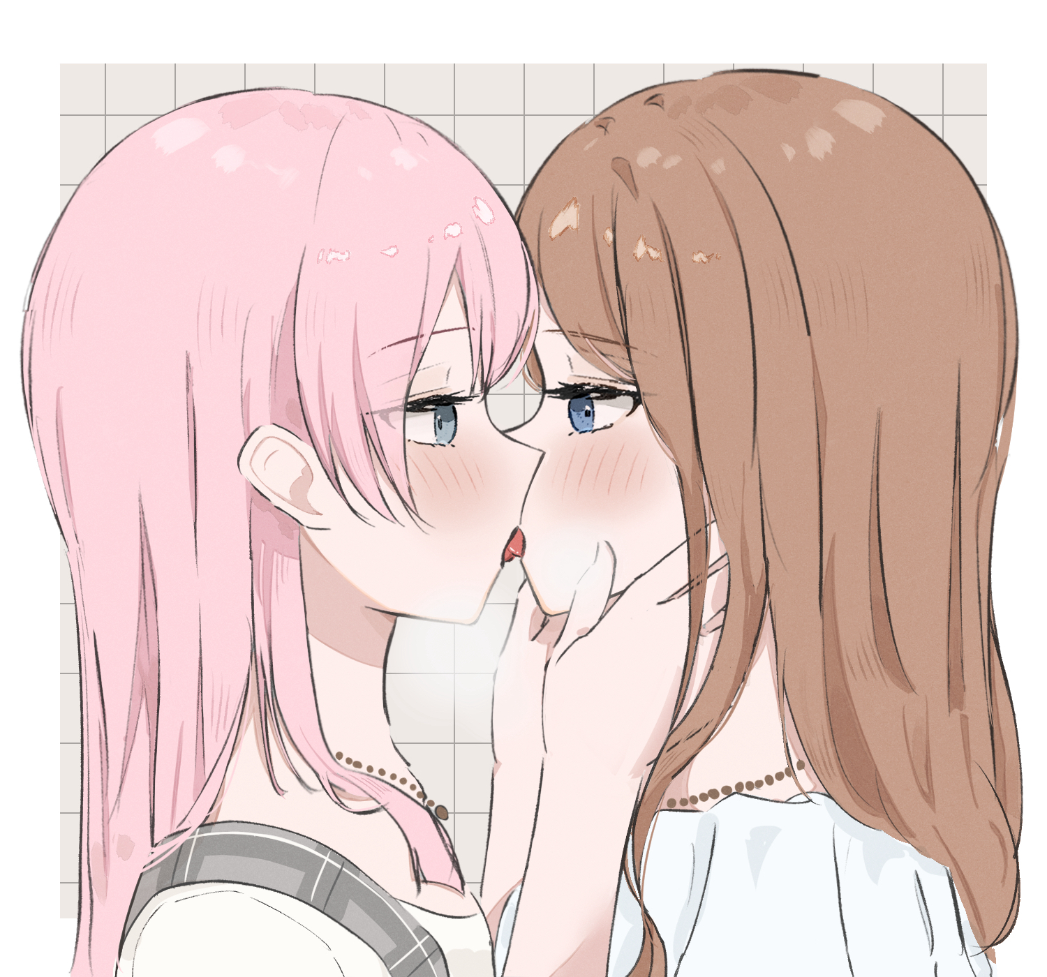 opuricheri, chihaya anon, nagasaki soyo, bang dream!, bang dream! it's mygo!!!!!, commentary, highres, 2girls, blue eyes, blush, brown hair, french kiss, grey eyes, grid background, hands on another's face, kiss, long hair, multiple girls, neck, pink hair, shirt, tongue, upper body, white shirt, yuri