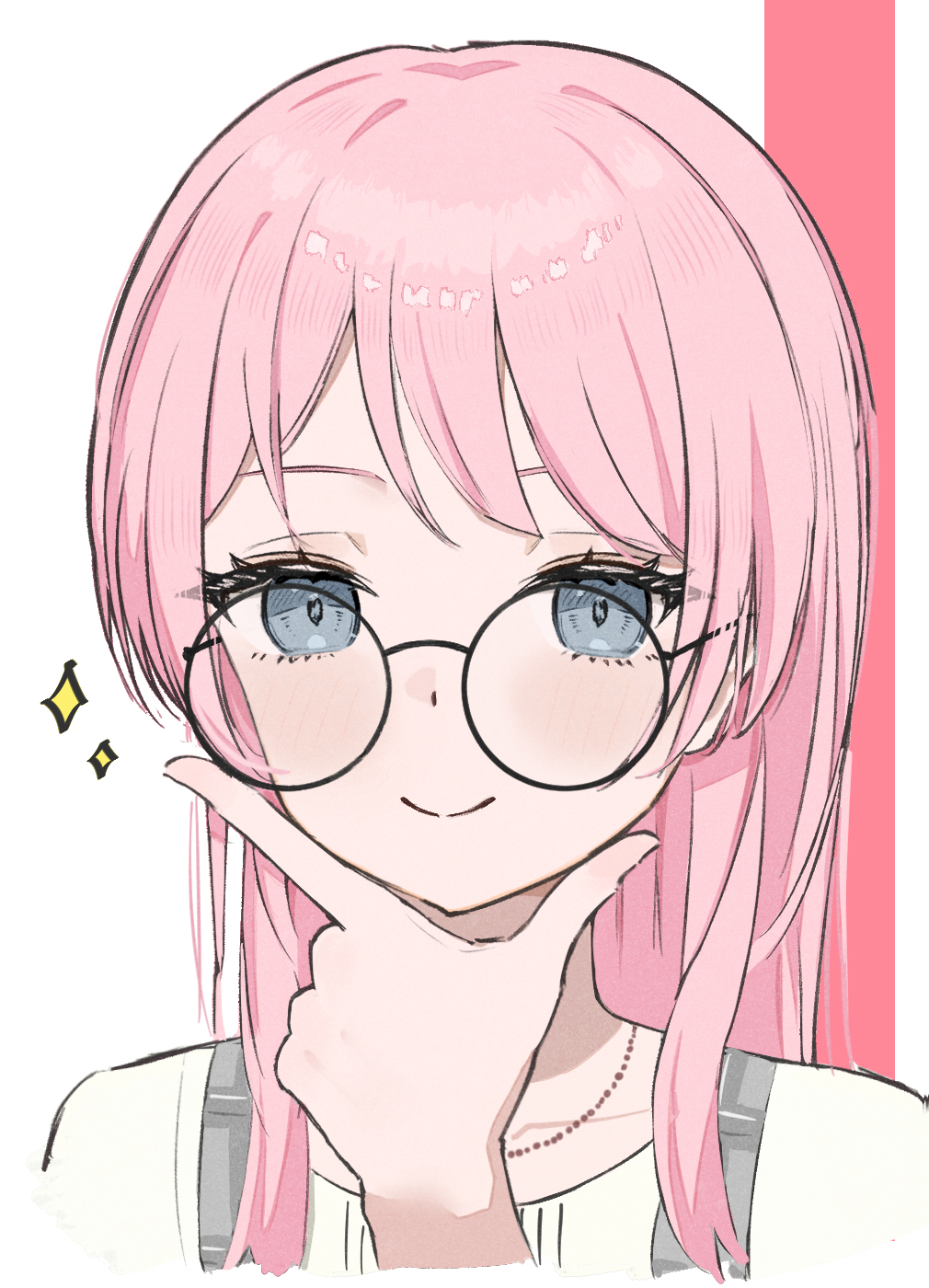 opuricheri, chihaya anon, bang dream!, bang dream! it's mygo!!!!!, commentary, highres, 1girl, closed mouth, glasses, grey eyes, hand on own chin, long hair, pink hair, portrait, shirt, smile, solo, sparkle, white shirt