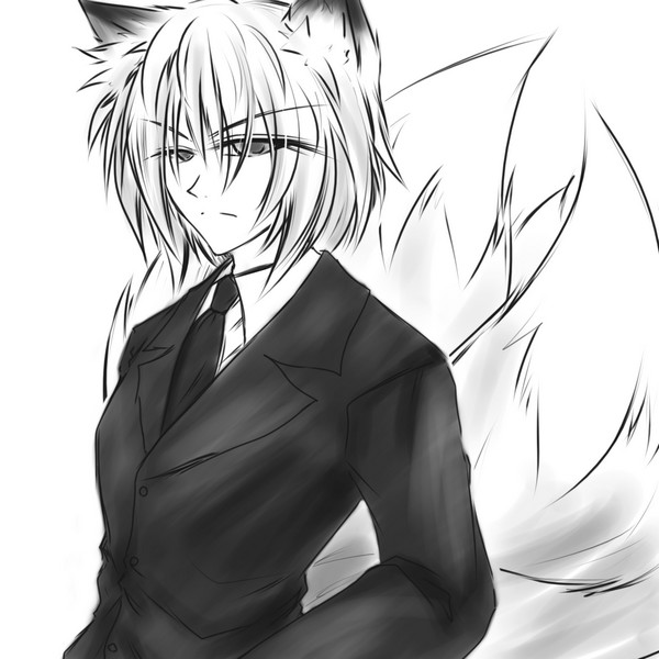 ai hatake (aitake), yakumo ran, touhou, 1girl, alternate costume, animal ears, female focus, formal clothes, fox ears, fox tail, greyscale, kitsune, kyuubi, monochrome, multiple tails, pant suit, pants, solo, suit, tail