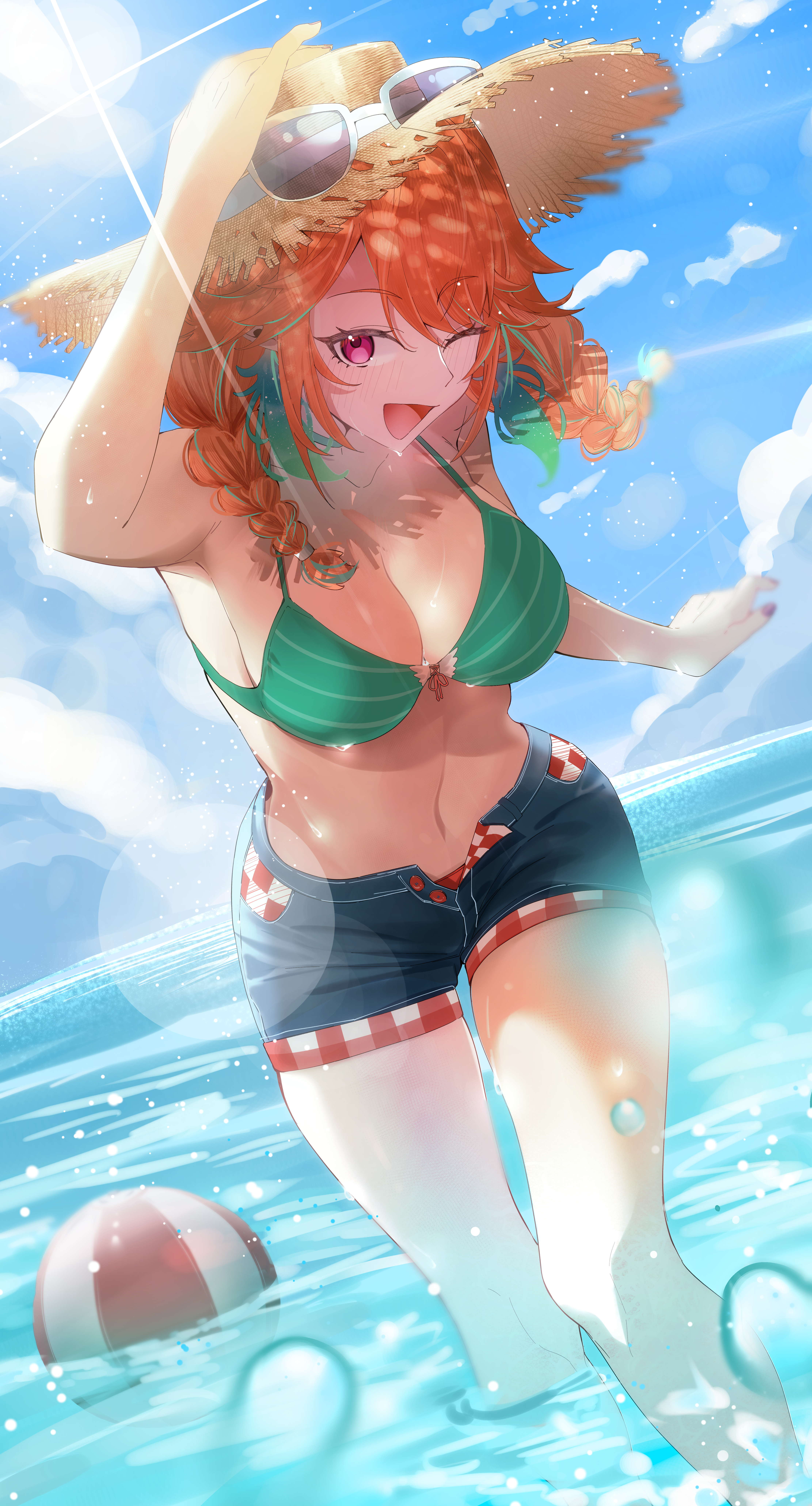 kizawayoh, takanashi kiara, takanashi kiara (casual), hololive, hololive english, absurdres, commentary, english commentary, highres, 1girl, ball, beachball, bikini, braid, breasts, choker, denim, denim shorts, earrings, eyewear on head, feather earrings, feathers, green bikini, green choker, hat, jewelry, lens flare, looking at viewer, navel, ocean, official alternate costume, one eye closed, open clothes, open mouth, open shorts, orange hair, purple eyes, shorts, smile, solo, straw hat, sunglasses, swimsuit, twin braids, virtual youtuber, wading