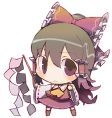 mitsuji mitsuyoshi, hakurei reimu, touhou, lowres, 1girl, chibi, female focus, full body, gohei, japanese clothes, miko, simple background, solo, white background