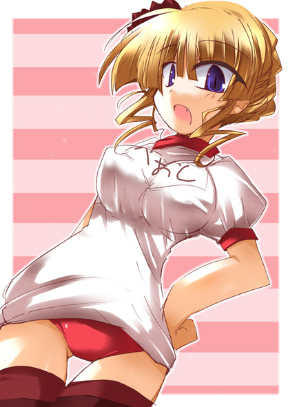 shirogane (platinum), beatrice (umineko), umineko no naku koro ni, 00s, blonde hair, blue eyes, breasts, fang, gym uniform, large breasts, solo, thighhighs