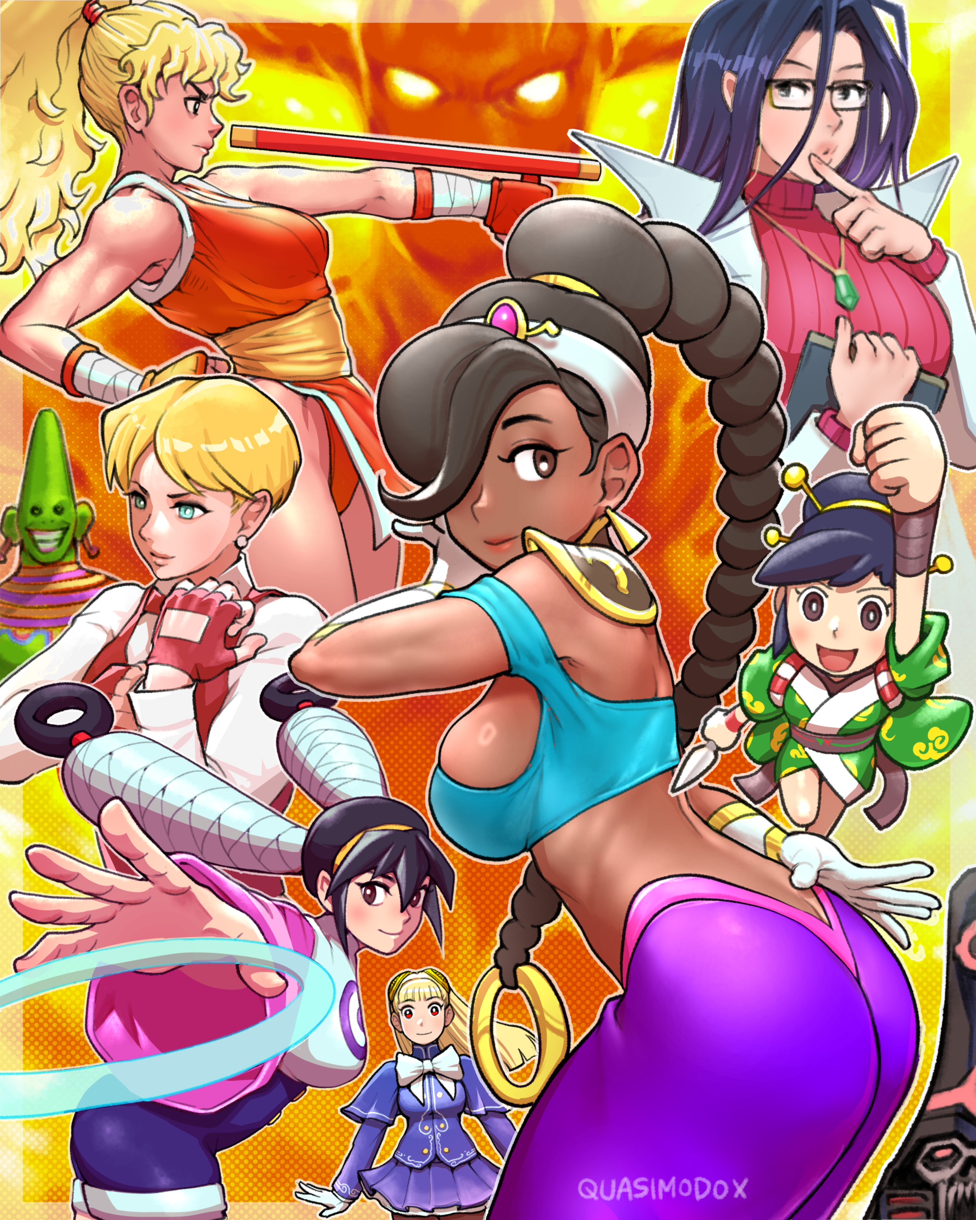 quasimodox, ayame (power stone), ele (star gladiator), genryuusai maki, ingrid (capcom), king (snk), minazuki kyouko, pyron, rouge (power stone), saturn dyer, capcom, snk, absurdres, highres, 2boys, 6+girls, ass, bandages, black hair, blonde hair, blue eyes, braid, braided ponytail, breasts, brown eyes, brown hair, capcom fighting collection 2, crop top, cropped sweater, crossover, dark-skinned female, dark skin, earrings, fingerless gloves, glasses, gloves, hair bun, hair over one eye, hairband, high ponytail, holding, holding weapon, japanese clothes, jewelry, lab coat, large breasts, leotard, long hair, looking at viewer, mask, multiple boys, multiple crossover, multiple girls, necklace, ninja, pantyhose, ponytail, red gloves, red sweater, ribbed sweater, short hair, sideboob, single braid, single hair bun, skirt, smile, sweater, tonfa, turtleneck, turtleneck sweater, weapon, white gloves, yellow hairband
