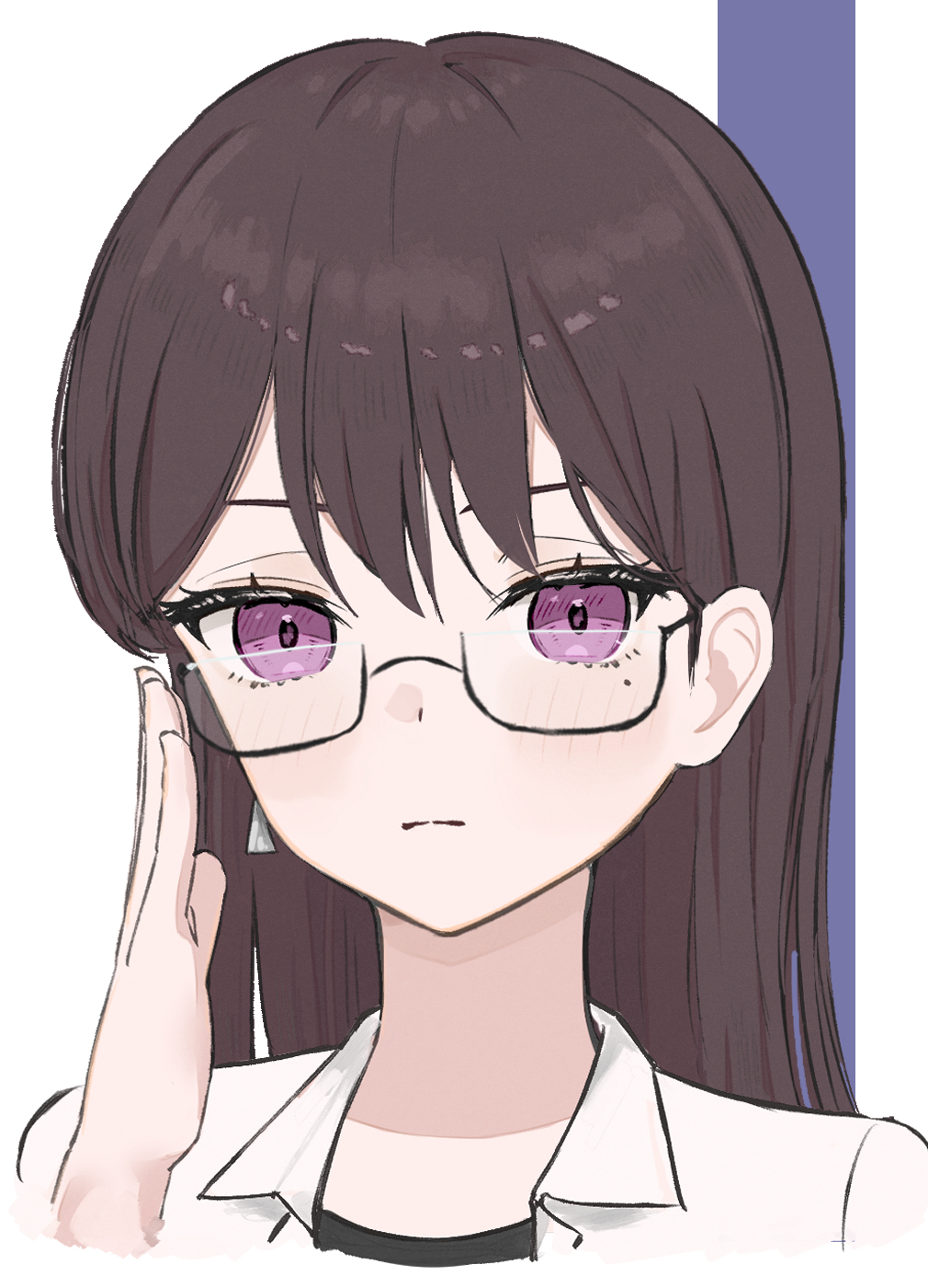 opuricheri, shiina taki, bang dream!, bang dream! it's mygo!!!!!, commentary, highres, 1girl, adjusting eyewear, bespectacled, brown hair, closed mouth, glasses, jacket, long hair, mole, mole under eye, portrait, purple eyes, semi-rimless eyewear, solo, under-rim eyewear, white background, white jacket