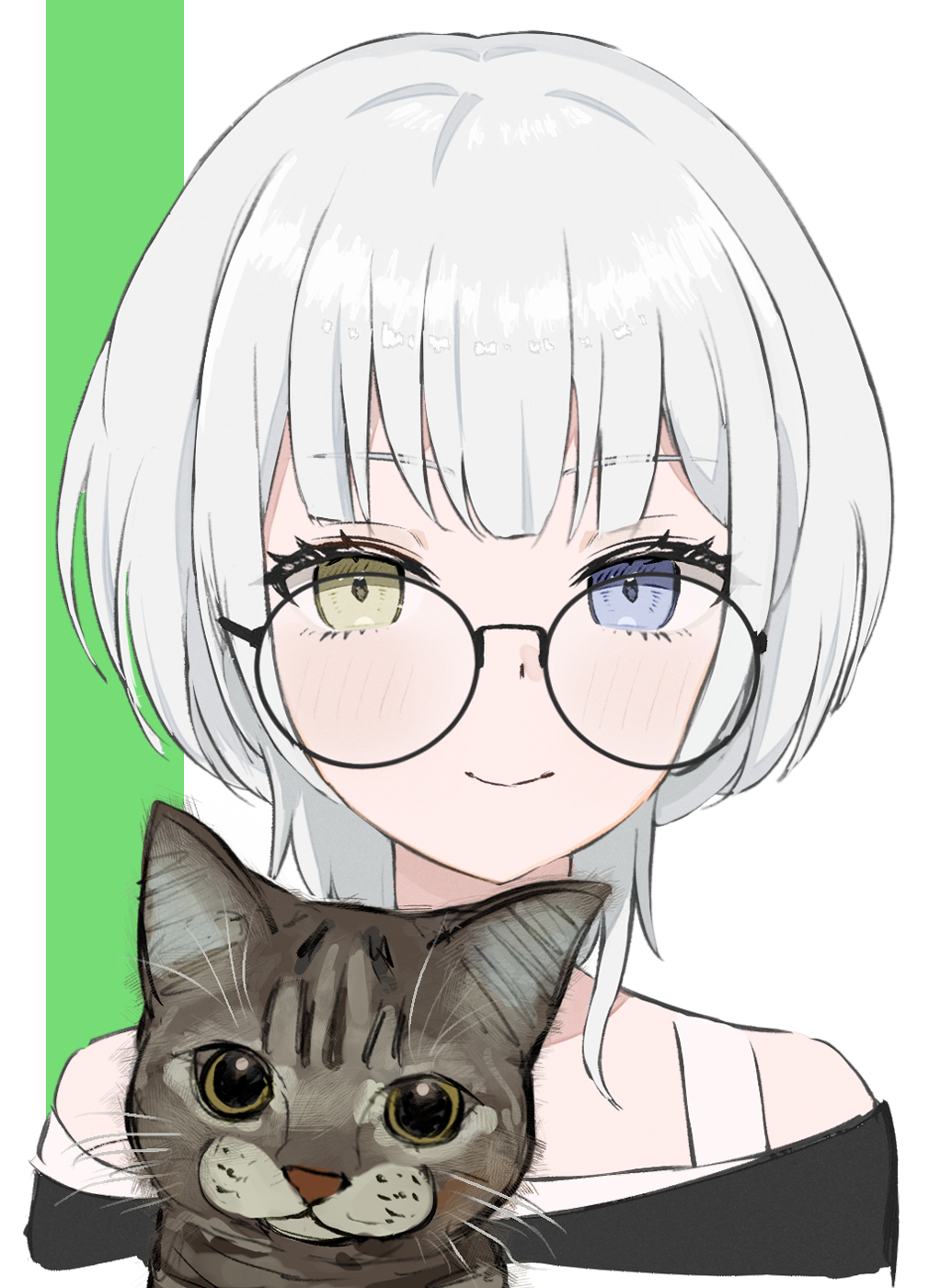 opuricheri, kaname raana, bang dream!, bang dream! it's mygo!!!!!, commentary, highres, 1girl, blue eyes, cat, glasses, heterochromia, medium hair, portrait, raana the cat, solo, white hair, wolf cut, yellow eyes