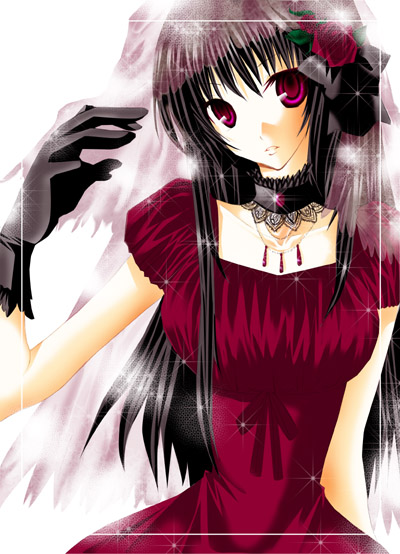 minamoto chikaru, strawberry panic!, 00s, 1girl, black hair, dress, female focus, flower, gloves, long hair, pink eyes, solo