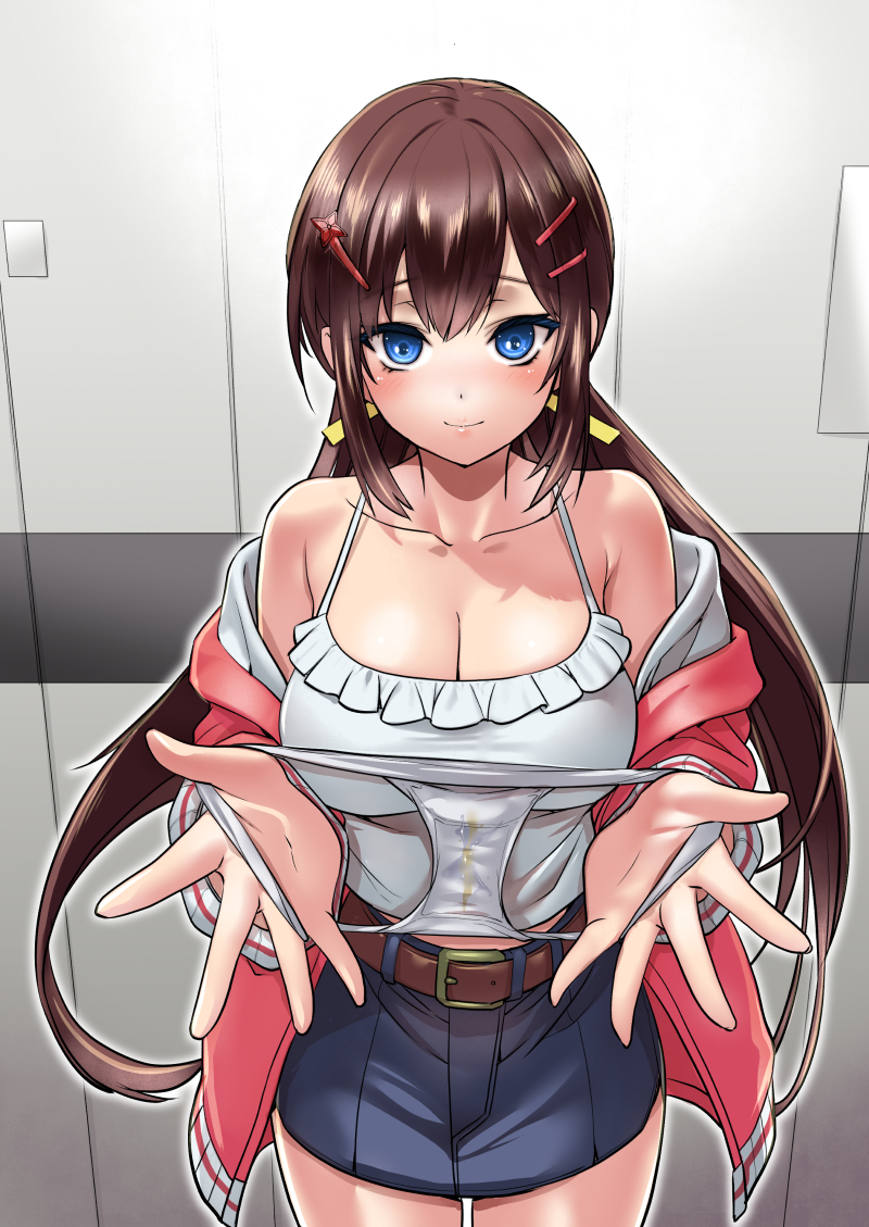 yumehiko, boku to kanojo no onani life, commentary request, 1girl, belt, belt buckle, blue eyes, blue sky, blush, breasts, brown belt, brown hair, buckle, camisole, cleavage, closed mouth, collarbone, crotch seam, double-parted bangs, frilled camisole, frills, hair ornament, hairclip, holding, holding panties, holding underwear, holding unworn clothes, jacket, kanako (boku to kanojo no onani life), large breasts, long hair, long sleeves, looking at viewer, low twintails, miniskirt, off shoulder, open clothes, open jacket, panties, pee stain, pink jacket, presenting removed panties, pussy juice, pussy juice stain, skirt, sky, smile, solo, stained panties, star (symbol), star hair ornament, twintails, underwear, very long hair, white camisole, white panties