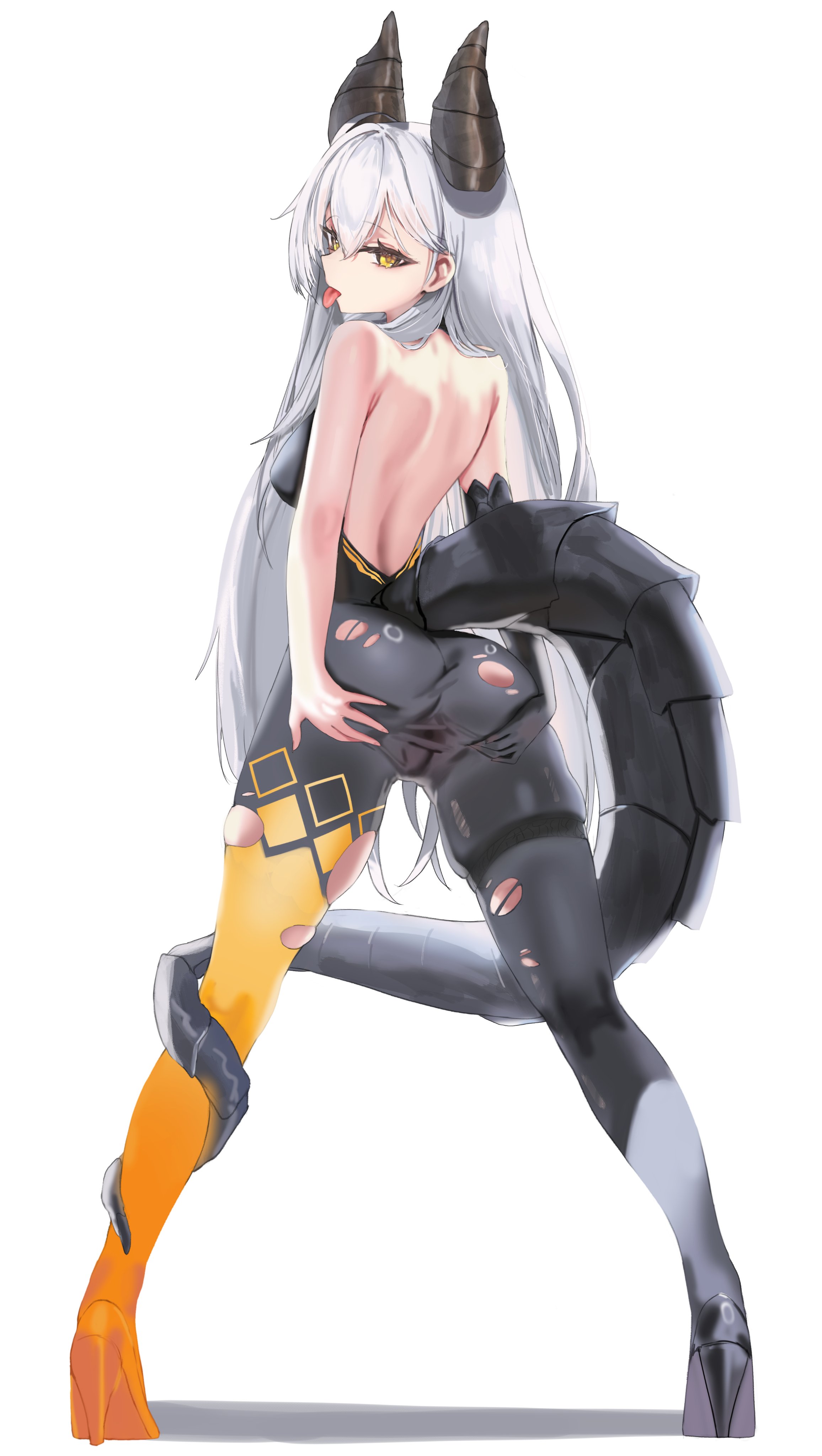 krabking, original, absurdres, commentary, highres, symbol-only commentary, 1girl, asymmetrical footwear, asymmetrical legwear, back cutout, bare back, bare shoulders, black gloves, black horns, black leggings, black shoes, clothing cutout, elbow gloves, from behind, full body, gloves, hair between eyes, hair over shoulder, hand on own ass, high heels, horns, leggings, long hair, looking at viewer, multicolored leggings, shoes, single elbow glove, sleeveless, solo, spread pussy, spread pussy under clothes, tail, thigh strap, tongue, tongue out, torn clothes, torn leggings, two-tone leggings, white hair, yellow eyes, yellow leggings, yellow shoes