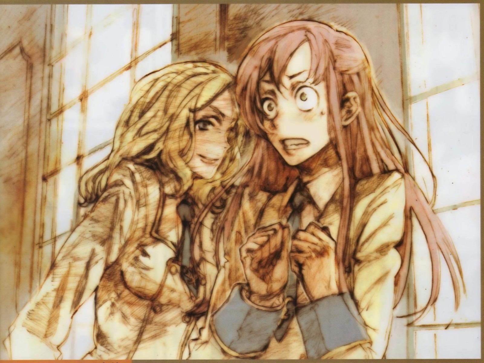 toi8, milly ashford, shirley fenette, code geass, highres, 00s, blonde hair, orange hair, pink hair, school uniform, serafuku