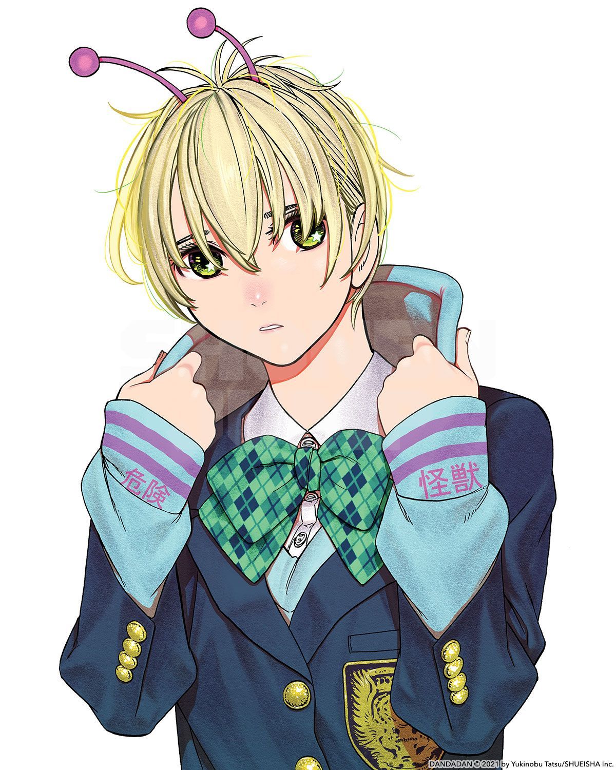 tatsu yukinobu, vamola (dandadan), dandadan, highres, official art, 1girl, alien, antennae, blonde hair, blue hoodie, blue jacket, bow, emblem, green bow, hood, hoodie, jacket, kami high school uniform, long sleeves, looking at viewer, school uniform, short hair, solo, white background
