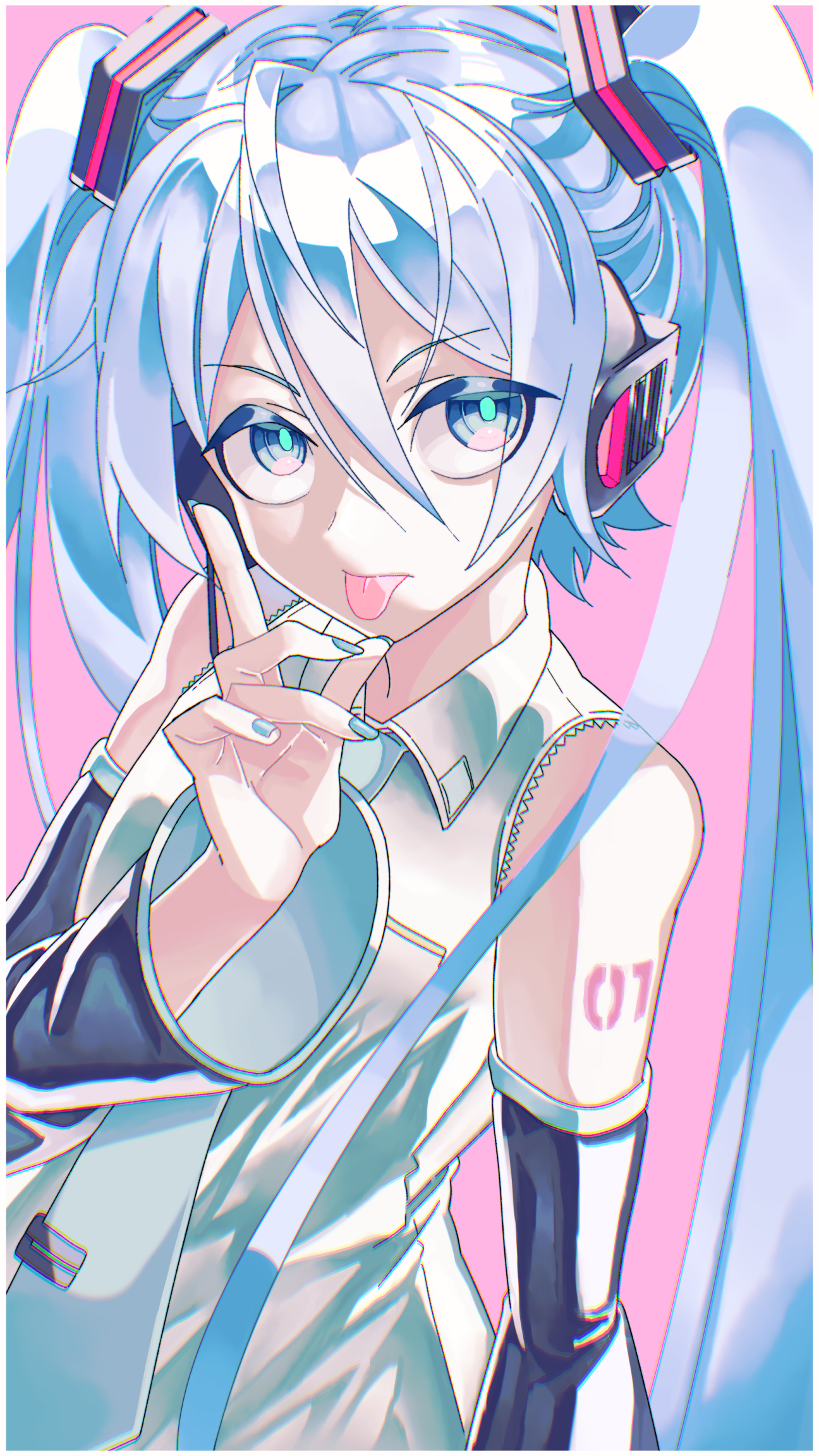 natsukage tokage, hatsune miku, vocaloid, commentary, highres, 1girl, aqua nails, aqua necktie, aqua pupils, aqua trim, bare shoulders, black sleeves, blue eyes, blue hair, breasts, chromatic aberration, closed mouth, collared shirt, detached sleeves, double-parted bangs, finger to own chin, frilled shirt, frills, from above, grey shirt, hair between eyes, hair ornament, hand up, headset, long hair, long sleeves, looking at viewer, nail polish, necktie, pink background, shirt, simple background, sleeveless, sleeveless shirt, small breasts, solo, tie clip, tongue, tongue out, twintails, upper body, upturned eyes, very long hair
