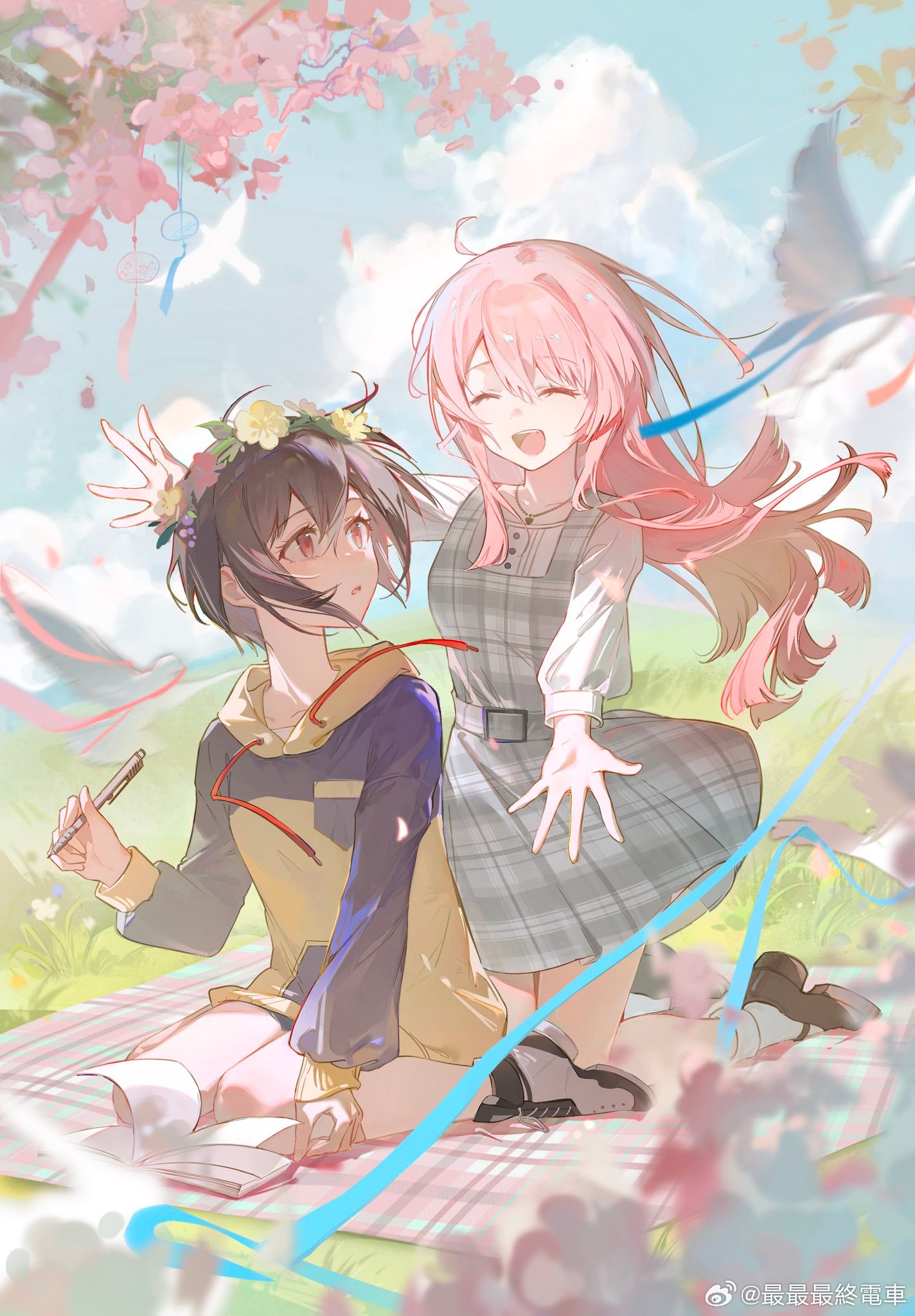 duany, chihaya anon, takamatsu tomori, bang dream!, bang dream! it's mygo!!!!!, chinese commentary, commentary request, highres, 2girls, bird, blue ribbon, brown eyes, cherry blossoms, cloud, dress, floating hair, flower wreath, grey hair, hair between eyes, holding, holding pen, hood, hood down, hoodie, long hair, long sleeves, multiple girls, open mouth, outdoors, pen, pinafore dress, pink hair, plaid clothes, plaid dress, ribbon, shirt, short hair, sleeveless, sleeveless dress, teeth, upper teeth only, white shirt, yellow hoodie